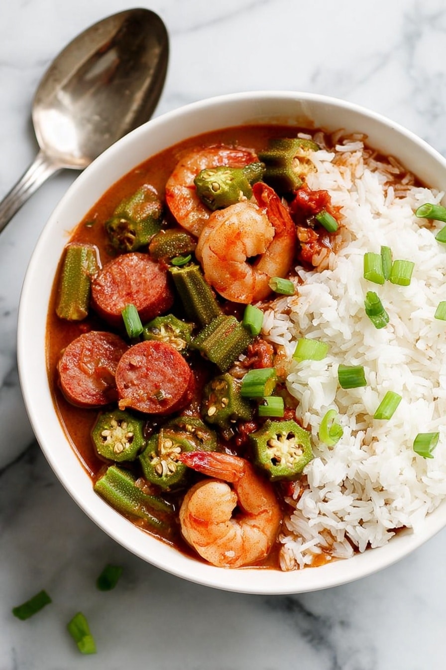 A white bowl filled halfway with white rice on the right side and a thick stew on the left side. The stew has several layers: chopped green okra with visible seeds, whole cooked shrimp with a reddish color, bright green chopped scallions, and pieces of browned sausage mixed in a rich reddish-brown sauce. There are small bits of tomato in the sauce, and some scallions are sprinkled on top. The bowl sits on a white marbled textured surface, with a silver spoon near it and some scattered green scallions. In the background, there is a second similar bowl slightly out of focus. photo taken with an iphone --ar 2:3 --v 7 - Authentic New Orleans Shrimp and Sausage Gumbo, Cajun shrimp gumbo recipe, Southern comfort food recipes, homemade gumbo with sausage and shrimp, traditional Louisiana gumbo