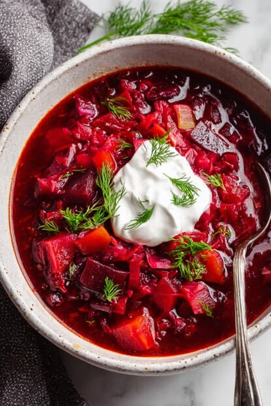 A white bowl filled with rich dark red soup made of beetroot chunks and diced red vegetables, topped with a dollop of white sour cream placed slightly off-center. Small green dill sprigs are scattered on the soup and sour cream, adding a fresh touch. A silver spoon dips into the soup on the right side, all set on a white marbled surface. Photo taken with an iphone --ar 2:3 --v 7 - Hearty Beet Borscht, beet borscht recipe, healthy beet soup, vegetarian borscht, easy beet soup