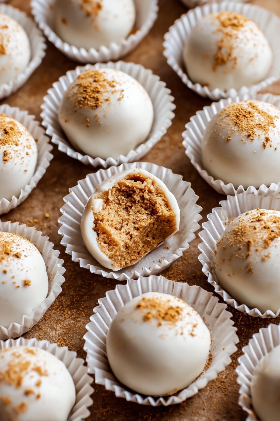 A close-up shot of white chocolate truffles arranged in natural brown paper cups on a rustic wooden tray, all set on a white marbled surface. One truffle sits on top of another, showing a bite revealing a dense, smooth, brown filling inside. The white chocolate coating is smooth with light brown powder sprinkled on top of the truffles. A blurred orange object is seen in the far background. photo taken with an iphone --ar 2:3 --v 7 - Pumpkin Cream Cheese Truffles, pumpkin truffles, no-bake fall treats, holiday dessert ideas, easy pumpkin sweets