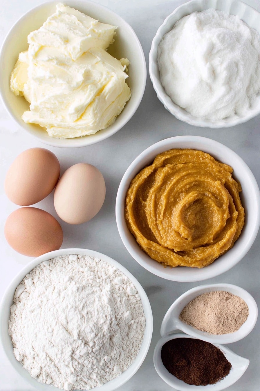 Flat lay of a small white ceramic bowl of melted golden butter, a simple white ceramic bowl filled with white granulated sugar, two whole uncracked brown eggs, a small white ceramic bowl of vibrant orange pumpkin puree, a small white ceramic bowl of creamy white sour cream, a small white ceramic bowl with translucent vanilla extract, a neat pile of white all-purpose flour on the surface, a small white ceramic bowl containing warm brown ground cinnamon, a small white ceramic bowl of pale beige baking soda powder, a small white ceramic bowl of fine light beige baking powder, a small white ceramic bowl of dusty brown ground nutmeg, and a small white ceramic bowl of dark brown ground cloves, all arranged in perfect symmetry and balanced proportions, placed on a clean white marble surface, soft natural light, photo taken with an iPhone, professional food photography style, fresh ingredients, white ceramic bowls, no bottles, no duplicates, no utensils, no packaging --ar 2:3 --v 7 --p m7354615311229779997 - Best Pumpkin Bread, Pumpkin Bread Recipe, Easy Pumpkin Bread, Moist Pumpkin Loaf, Fall Baking Recipes