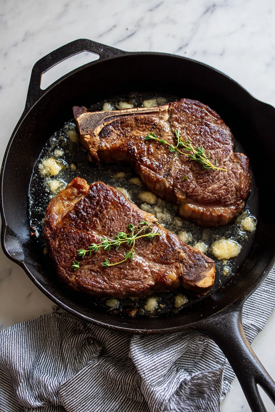 A white plate holds a thick, juicy brown steak with a shiny, slightly oily texture and light seasoning on top, taking up most of the left side; on the right side, there are golden roasted potato pieces with some red potato skins, all mixed with green herb sprigs placed on top. The plate is set on a white marbled surface with a knife and fork resting nearby, and a glass of water with ice is positioned in the upper left corner. A gray-striped cloth is draped casually at the bottom left corner. Photo taken with an iphone --ar 2:3 --v 7 - Seared Garlic Butter Steak, gourmet steak, perfect steak sear, garlic butter steak, easy steak dinner