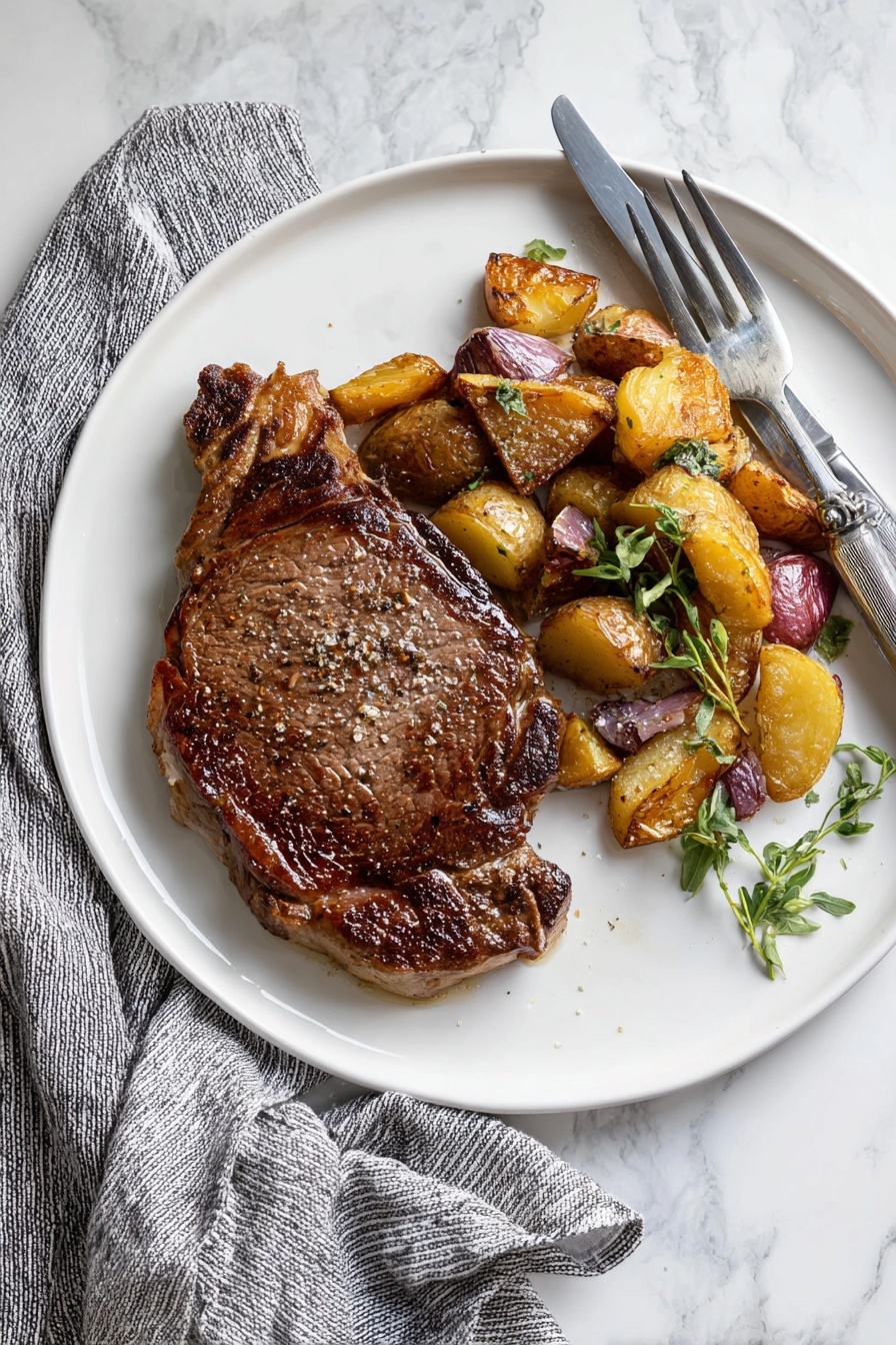 A white plate with a cooked steak placed on the right side, showing a glossy, slightly browned texture on top with visible seasoning; a slice is cut to reveal a pink, juicy inside with layered muscle fibers. Around the steak are golden roasted potato pieces with crispy, browned edges and soft creamy centers, mixed with some red-skinned potato chunks. A sprig of green thyme lies on top of the potatoes. A knife with a black handle rests on the right side with its blade touching the steak. The plate is on a white marbled surface. photo taken with an iphone --ar 2:3 --v 7 - Seared Garlic Butter Steak, gourmet steak, perfect steak sear, garlic butter steak, easy steak dinner