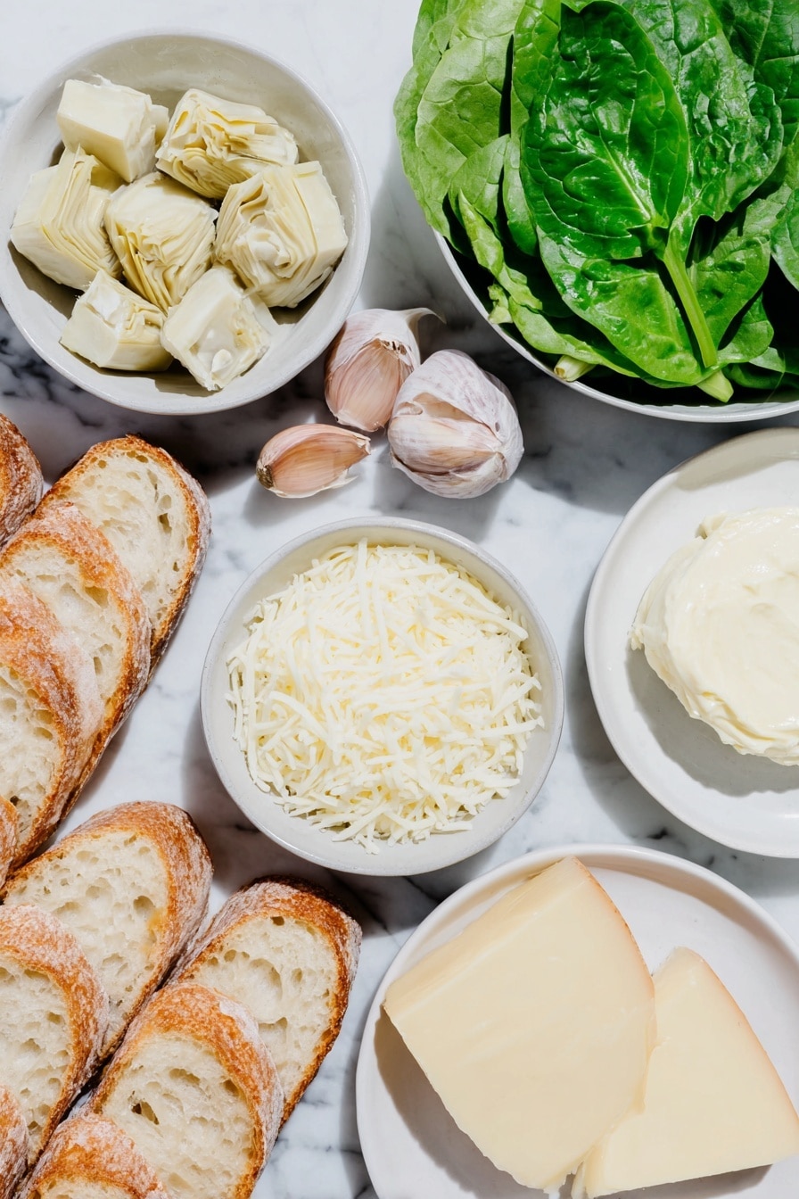 Flat lay of fresh green spinach leaves slightly wet with dew, chopped quartered artichoke hearts in a small white bowl, two whole uncracked brown garlic cloves beside a small pat of creamy pale yellow butter, a small white bowl filled with smooth sour cream, a neat pile of shredded provolone cheese, a smaller heap of finely shredded parmesan cheese, and six slices of crusty La Brea French loaf bread arranged in a balanced, symmetrical layout on simple white ceramic plates and bowls placed on a clean white marble surface, soft natural light, photo taken with an iPhone, professional food photography style, fresh ingredients, white ceramic bowls, no bottles, no duplicates, no utensils, no packaging --ar 2:3 --v 7 --p m7354615311229779997 - Spinach Artichoke Grilled Cheese Sandwich, cheesy grilled cheese with spinach and artichokes, easy spinach artichoke grilled cheese, quick gourmet grilled cheese, best spinach and artichoke sandwich