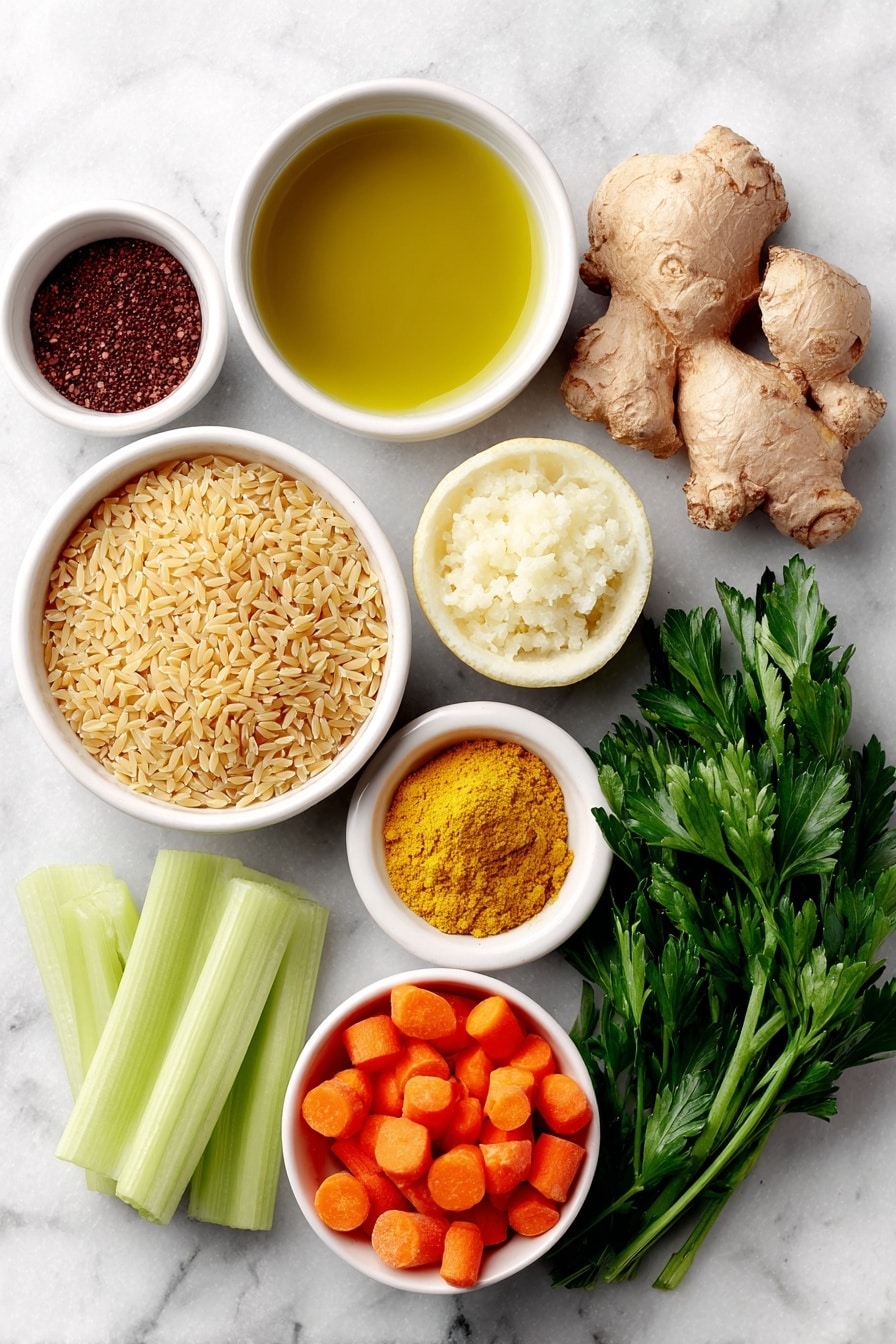 Flat lay of a small white ceramic bowl of golden olive oil, a small white ceramic bowl of minced fresh ginger, four whole uncracked brown garlic cloves, a small white ceramic bowl of bright yellow lemongrass paste, a small white ceramic bowl of rich yellow ground turmeric powder, a small white ceramic bowl of fresh lemon juice, three medium diced orange carrots, three diced green celery stalks, one medium chopped yellow onion, one whole raw boneless skinless chicken breast, a small white ceramic bowl of dry acini de pepe pasta, and a small pile of fresh green parsley leaves all arranged in perfect symmetry on a clean white marble surface, soft natural light, photo taken with an iPhone, professional food photography style, fresh ingredients, white ceramic bowls, no bottles, no duplicates, no utensils, no packaging --ar 2:3 --v 7 --p m7354615311229779997 - Lemongrass Chicken Pasta Soup, Asian-inspired chicken noodle soup, healthy lemongrass soup recipe, comforting chicken and pasta soup, vibrant lemongrass chicken dish