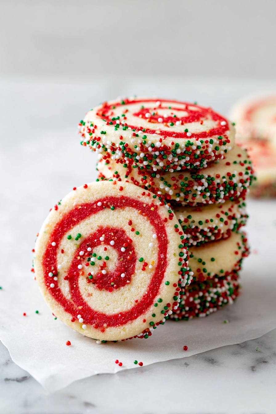 The image shows many round cookies stacked close together. Each cookie has two layers in a spiral pattern: a red swirl in the center and a light beige outer ring. The edges of the cookies are decorated with small round sprinkles in red, white, and green, adding texture and color. The cookies look soft and slightly crumbly, with the bright red swirl standing out against the lighter dough. They are placed on a white marbled surface. photo taken with an iphone --ar 2:3 --v 7 - Red Velvet Pinwheel Cookies, Red Velvet Cookies, Pinwheel Cookies, Festive Cookie Recipes, Easy Holiday Cookies