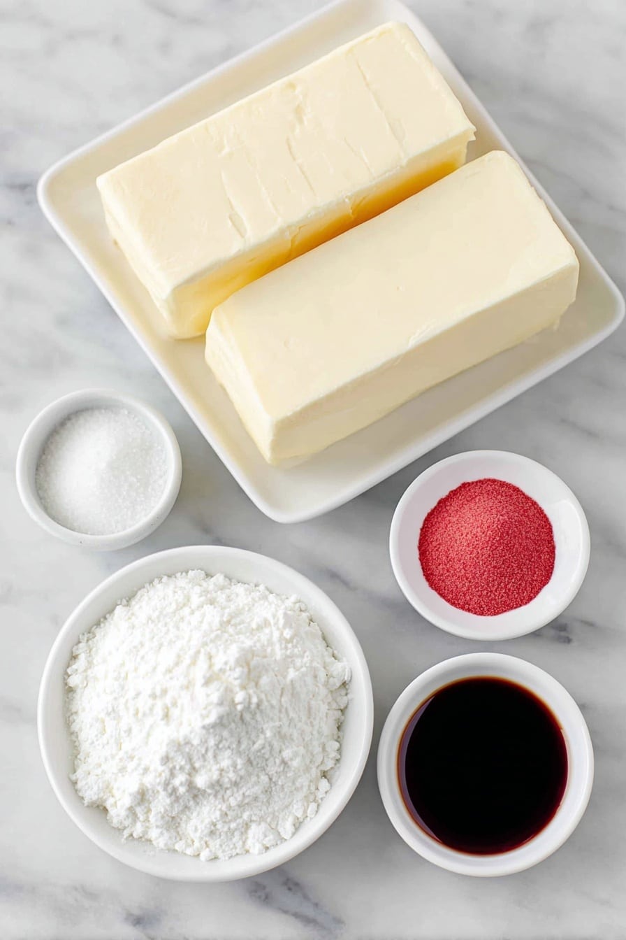 Flat lay of a stick of soft butter, two blocks of cream cheese with smooth surfaces, a small white bowl filled with fine powdered sugar, a small white bowl containing clear vanilla extract, a small white bowl of bright red sanding sugar, a small white bowl holding vibrant red food coloring, all arranged symmetrically on a clean white ceramic plate and bowls, placed on a clean white marble surface, soft natural light, photo taken with an iPhone, professional food photography style, fresh ingredients, white ceramic bowls, no bottles, no duplicates, no utensils, no packaging --ar 2:3 --v 7 --p m7354615311229779997 - Santa Hat Cupcakes with Cream Cheese Frosting, festive cupcake ideas, Christmas cupcake recipes, holiday dessert recipes, cute Christmas cupcakes