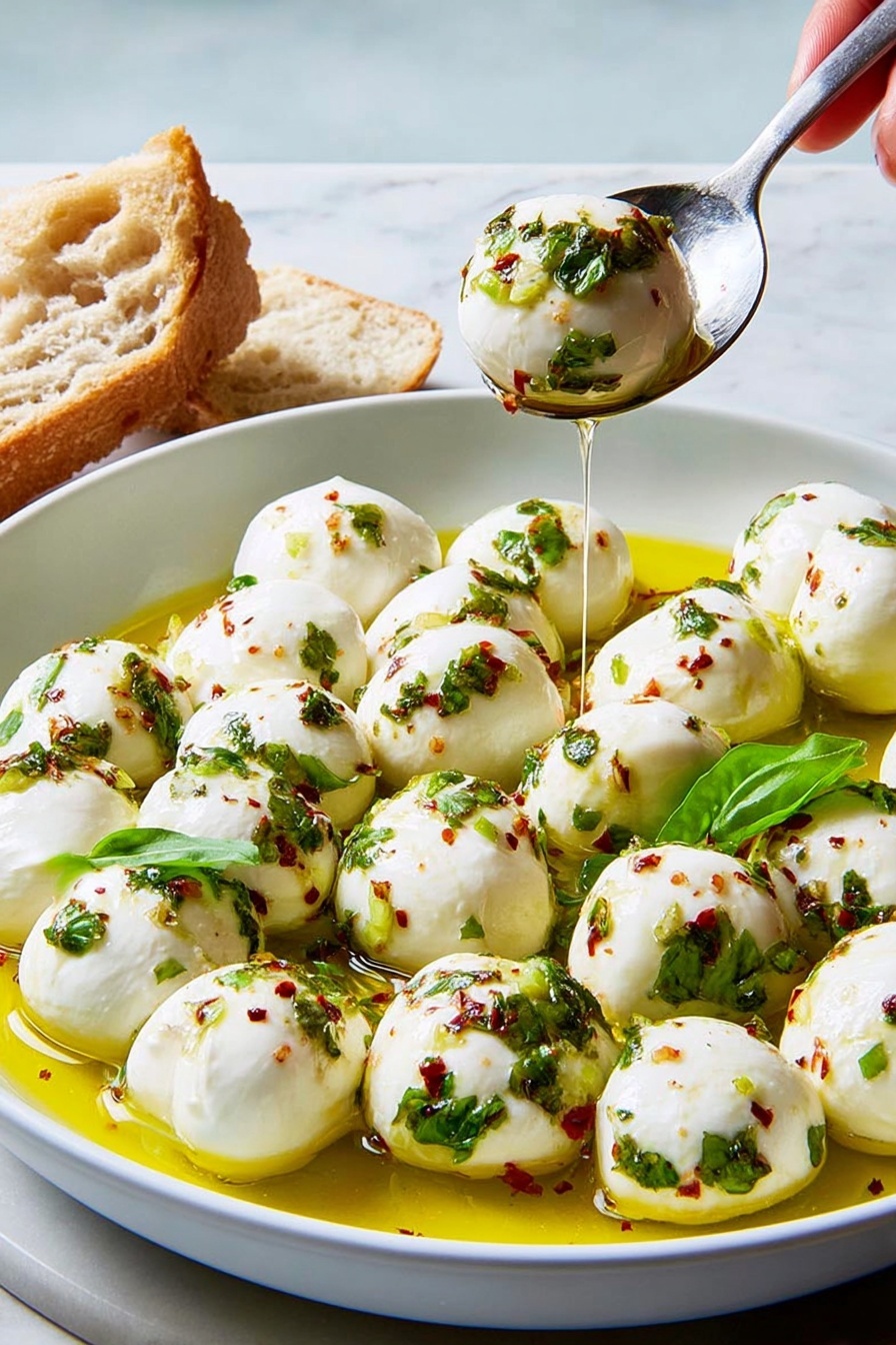 The image shows many small white mozzarella balls placed close together in a white bowl. They are covered with bits of green chopped chives and small pieces of red chili flakes. Scattered fresh green basil leaves are also on top. The mozzarella balls sit in a shallow pool of golden olive oil that makes them look shiny. The bowl is on a white marbled surface. photo taken with an iphone --ar 2:3 --v 7 - Mozzarella Bites with Basil and Red Pepper, Mozzarella Bites, Basil and Red Pepper Appetizer, Fresh Cheese Snack, Easy Mozzarella Snack