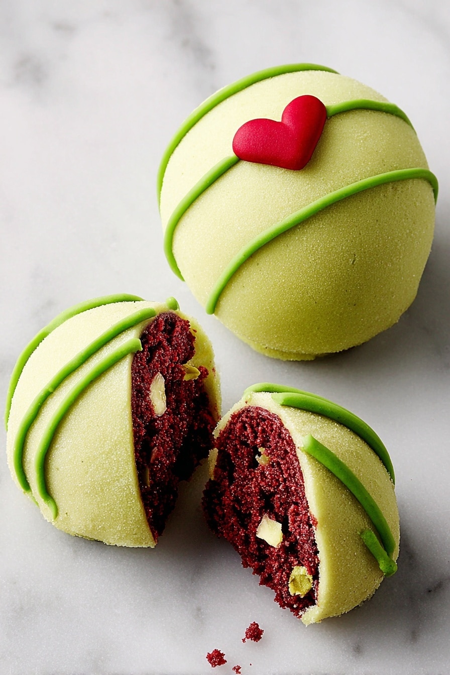 The image shows two round desserts on a white marbled surface. Each dessert has a smooth, light green outer layer shaped like a dome. One dessert is whole and decorated with three thin stripes of darker green icing running from top to bottom, with a small red heart on top near the center. The other dessert is broken open, revealing a rich, dark red inside with a slightly crumbly texture and small bits of white pieces embedded inside. A small chunk of the dark red filling sits separated above the broken dessert. The overall look is clean and colorful with clear contrasts between the green outer shell, red filling, and white marbled background photo taken with an iphone --ar 2:3 --v 7 - Grinchy Red Velvet Cake Bites, festive holiday treats, Christmas cake bites, green chocolate cake pops, holiday dessert recipes