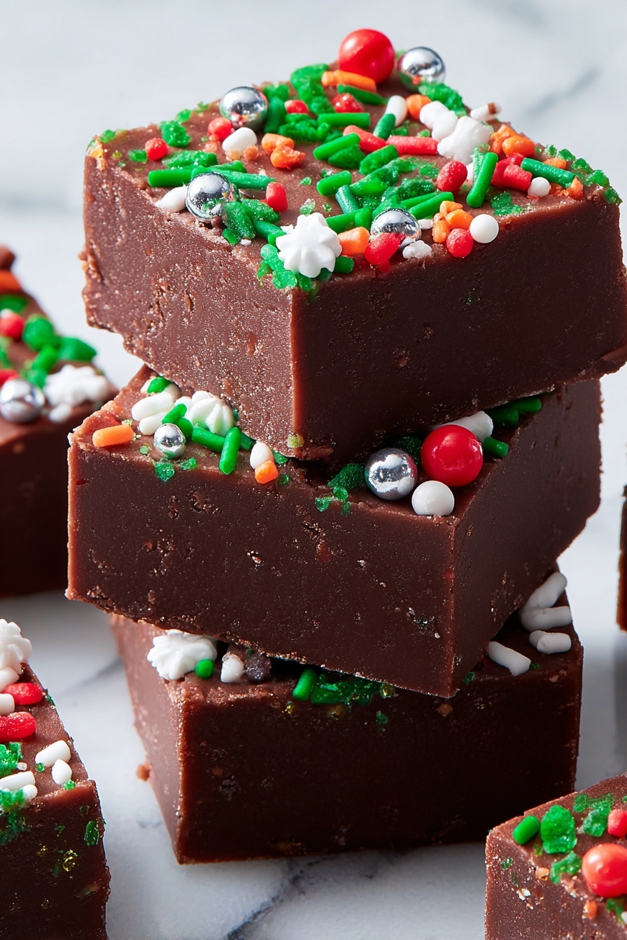 The image shows a stack of three thick, dark brown fudge squares with a smooth but slightly textured surface. Each square is richly dense and topped with colorful sprinkles in green, red, white, and a few silver balls scattered across. The sprinkles vary in shape, including round, small rods, and tiny flower shapes. The fudge pieces are placed on a white marbled surface, and there are other similar fudge pieces nearby, some only partly visible. The lighting highlights the rich chocolate color and the bright, festive sprinkles. photo taken with an iphone --ar 2:3 --v 7 - Christmas Chocolate Fudge, holiday chocolate fudge, easy Christmas fudge, festive fudge recipe, creamy chocolate fudge
