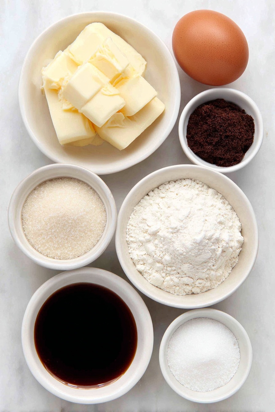 Flat lay of a few tablespoons of softened unsalted butter shaped in a small mound, a small white bowl filled with packed dark brown sugar, a smaller white bowl with granulated sugar crystals, a small white bowl holding thick molasses with a deep amber color, a whole large egg with a clean brown shell, a small white bowl of pale off-white all-purpose flour, a small white bowl with ground cinnamon showing a warm reddish-brown powder, a small white bowl containing ground ginger of light beige color, a small white bowl with dark brown ground cloves powder, a small white bowl of fine white salt, a small white bowl containing pale beige baking powder, a small white bowl holding milk with a creamy white tone, and a small white bowl with clear vanilla extract placed centrally, all arranged with perfect symmetry on a clean white marble surface, soft natural light, photo taken with an iPhone, professional food photography style, fresh ingredients, white ceramic bowls, no bottles, no duplicates, no utensils, no packaging --ar 2:3 --v 7 --p m7354615311229779997 - Soft and Chewy Gingerbread Cookies, gingerbread cookies recipe, how to make gingerbread cookies, best gingerbread cookie recipe, chewy gingerbread cookies