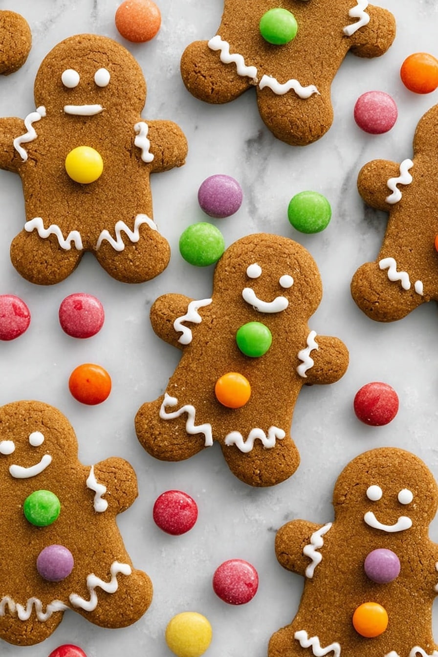The image shows several brown gingerbread cookies shaped like little people, placed on a white marbled surface. Each cookie has white icing details, including two round eyes and a smiling mouth, with squiggly lines decorating the arms and legs. Two colorful gumdrop candies, one yellow and one green, are placed in a vertical line on the front of the central cookie, while the other cookies feature similar decorations with gumdrops in purple, yellow, and red. The texture of the cookies is slightly rough and baked, and the overall scene gives a festive and sweet feel. Photo taken with an iphone --ar 2:3 --v 7 - Soft and Chewy Gingerbread Cookies, gingerbread cookies recipe, how to make gingerbread cookies, best gingerbread cookie recipe, chewy gingerbread cookies