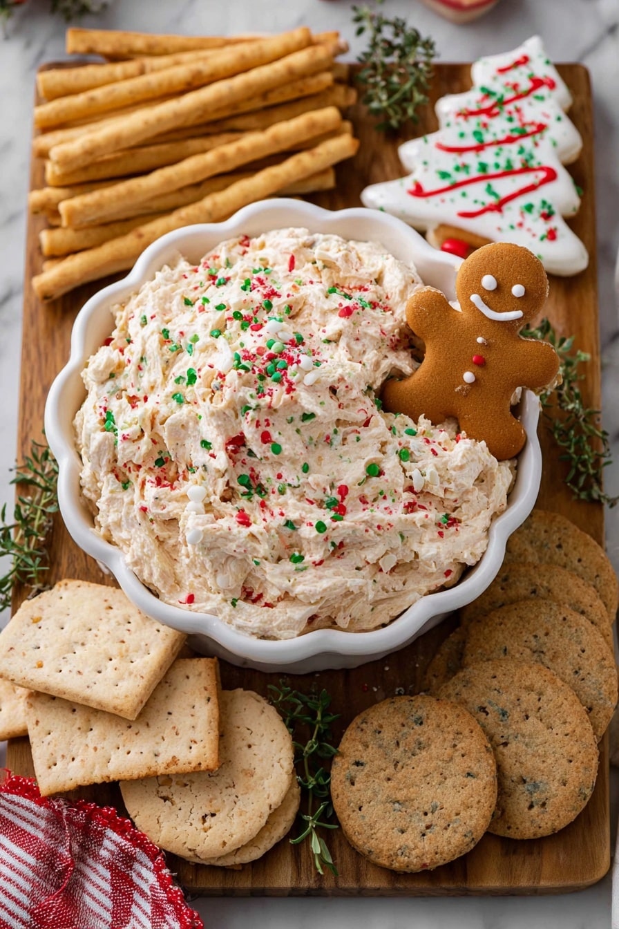 A white scalloped bowl filled with a creamy, light beige dip that has a fluffy texture with small bits of red and green mixed inside. The dip is topped with red, green, and white round and stripe sprinkles scattered across the surface. A woman's hand is holding a gingerbread-shaped cookie dipped into the creamy mixture, showing the dip clinging to the cookie. Around the base of the bowl, there are a few more gingerbread-shaped cookies with a light brown color and red specks, resting on a white marbled surface with a faint yellow-patterned textured item partially visible underneath. photo taken with an iphone --ar 2:3 --v 7 - Christmas Tree Cake Dip, festive holiday dip, quick holiday dessert, Christmas party appetizer, creamy cake dip