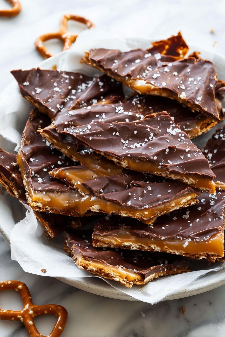 The image shows a stack of four pieces of chocolate-covered pretzel bark on a white marbled surface. Each piece has three layers: the bottom layer is made of crunchy pretzel sticks which are golden brown, the middle layer is a caramel that looks sticky and slightly shiny, and the top layer is smooth dark chocolate with a few salt crystals sprinkled on it. The edges of the bark pieces are uneven and broken, showing the layers inside. A broken pretzel stick lies near the stack in the foreground. Photo taken with an iphone --ar 2:3 --v 7 - Chocolate Pretzel Crack Cookies, sweet salty cookies, easy cookie recipes, peanut butter pretzel cookies, toffee chocolate dessert