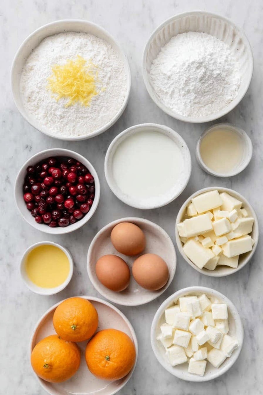 Flat lay of a small white ceramic bowl of granulated sugar mixed with bright orange zest, two fresh whole oranges with textured skin, a small white ceramic bowl of cake flour, a small white ceramic bowl of baking powder, a small white ceramic bowl of baking soda, a small white ceramic bowl of salt, a small white ceramic bowl of creamy buttermilk, a small white ceramic bowl of fresh orange juice, a small white ceramic bowl of clear vanilla extract, a small white ceramic bowl of golden vegetable oil, four brown whole eggs with clean shells, a small white ceramic bowl of fresh bright red cranberries, a small white ceramic bowl of smooth white chocolate chunks, a small white ceramic bowl of softened pale yellow unsalted butter, a small white ceramic bowl of powdered sugar, a small white ceramic bowl of heavy cream, placed on a clean white marble surface, soft natural light, photo taken with an iPhone, professional food photography style, fresh ingredients, white ceramic bowls, no bottles, no duplicates, no utensils, no packaging --ar 2:3 --v 7 --p m7354615311229779997 - Cranberry Orange Cake with White Chocolate Frosting, holiday cranberry cake, orange dessert recipes, festive cake with cranberries, white chocolate frosting dessert