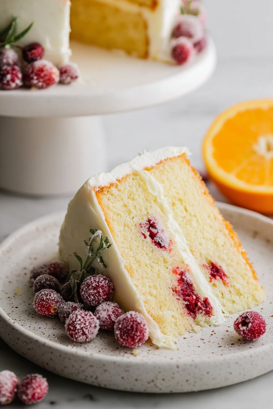 A smooth white frosted cake stands on a white pedestal cake stand set on a white marbled surface. The cake has one visible layer and is decorated on top with a ring of frosted red and dark red cranberries mixed with green rosemary sprigs. More frosted cranberries and rosemary sprigs are placed around the base of the cake. In the lower right corner near the stand, there are two orange wedge slices and a few cranberries with rosemary sprigs. The background is a soft light gray tone. Photo taken with an iphone --ar 2:3 --v 7 - Cranberry Orange Cake with White Chocolate Frosting, holiday cranberry cake, orange dessert recipes, festive cake with cranberries, white chocolate frosting dessert