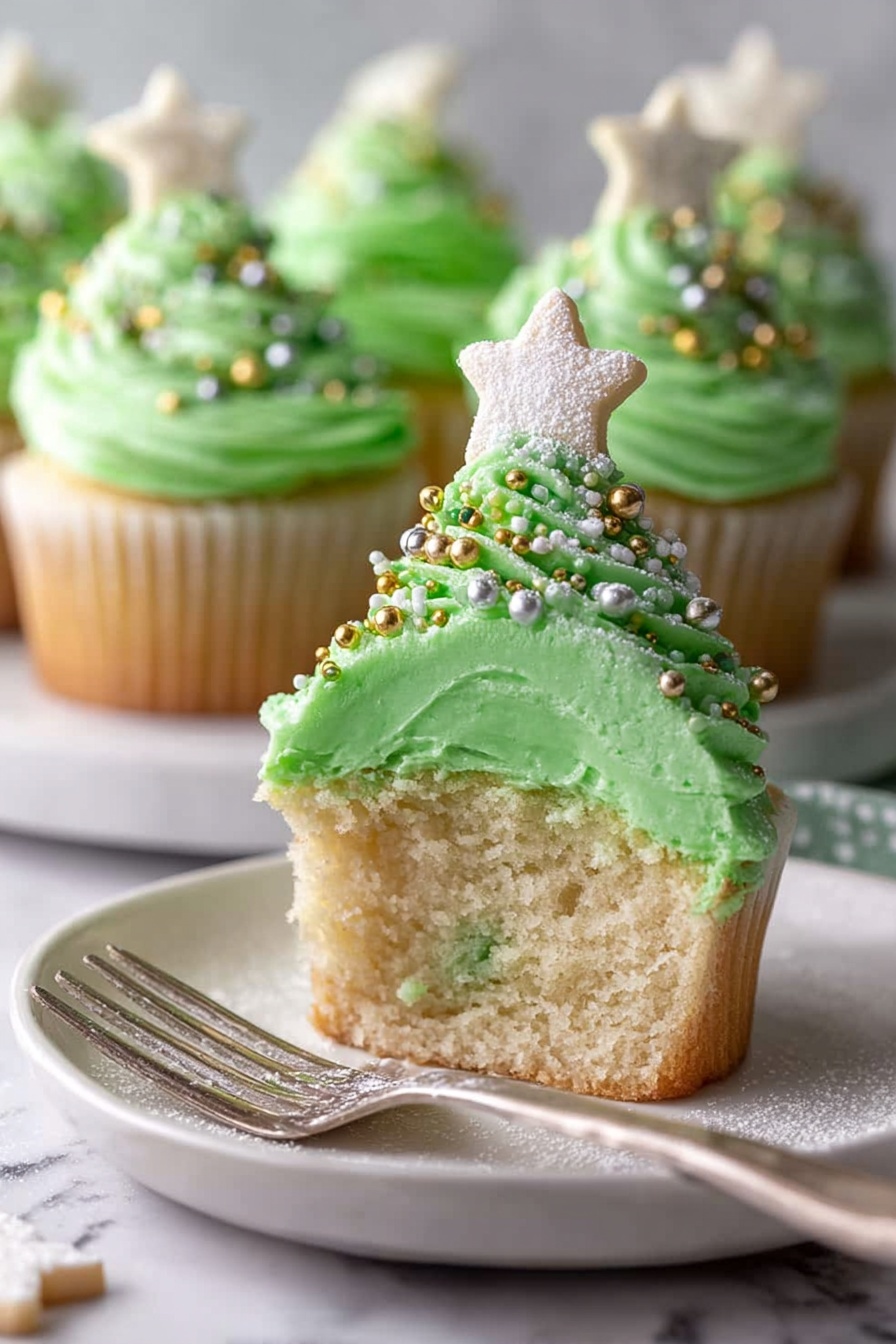 A close-up view of a vanilla cupcake sliced in half on a white plate with a fork nearby. The cupcake has one layer of soft beige sponge. On top is a thick swirl of bright green frosting shaped like a Christmas tree, decorated with small round sprinkles in gold, silver, and white colors and dusted lightly with powdered sugar. A small white cookie star is placed at the peak of the frosting. In the background, several more cupcakes with matching green frosting and stars are blurred out, resting on a white marbled surface. Photo taken with an iphone --ar 2:3 --v 7 - Christmas Tree Cupcake, Christmas Tree Cupcake Recipe, holiday cupcake ideas, festive Christmas cupcakes, Christmas baking recipes