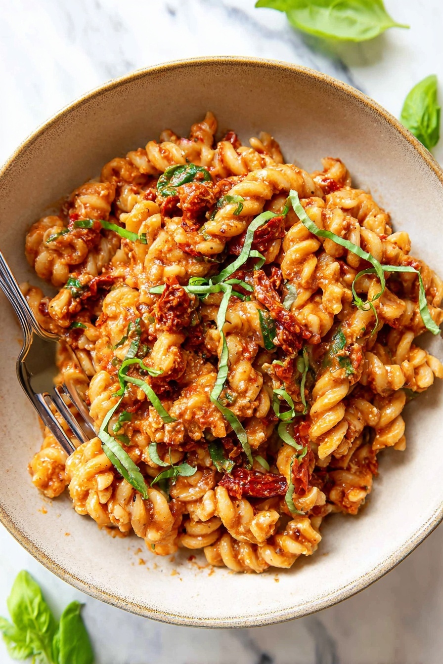 This image shows a white rectangular baking dish filled with baked pasta. The pasta is twisted and covered in a rich, creamy, orange-red sauce mixed with small bits of red tomato and green herbs. Bright green fresh basil leaves and chopped basil pieces are scattered on top, adding vibrant color contrast. A silver spoon is partially buried on the right side, ready to serve. The dish sits on a white marbled surface with a few extra basil leaves around. The pasta looks soft and well baked, with a few golden-brown spots. photo taken with an iphone --ar 2:3 --v 7 - Baked Feta Pasta with Cherry Tomatoes, easy feta pasta recipe, baked pasta with feta and cherry tomatoes, quick tomato feta pasta, simple baked pasta dish
