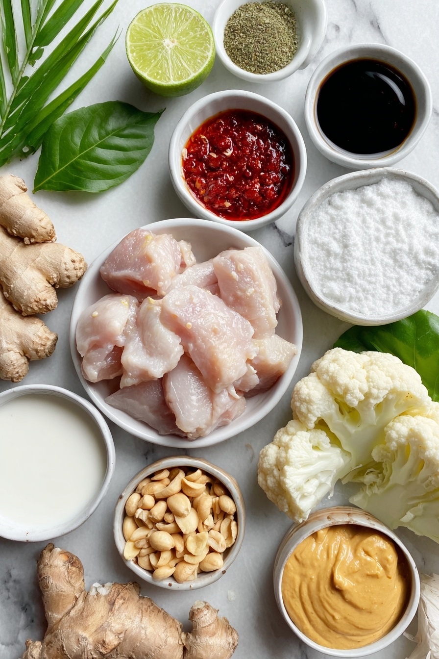 Flat lay of a small bowl of full-fat unsweetened coconut milk, a small bowl of red curry paste, a few slices of freshly grated ginger, several garlic cloves peeled and whole, a small bowl of Thai sweet chili sauce, a small bowl of less sodium soy sauce, a small bowl of fish sauce, one fresh bay leaf, a pinch of dried basil on a white ceramic plate, a small white bowl with onion powder, a small white bowl with ground coriander, raw boneless skinless chicken thighs neatly arranged, a large peeled sweet potato cut into chunks, fresh cauliflower florets, sliced green bell pepper strips, a small white bowl of cornstarch, a small white bowl of water, a small white bowl of lime juice, a small white bowl of creamy peanut butter, a small white bowl of sriracha chili sauce, a small pile of crushed peanuts, fresh lime wedge, a few sprigs of fresh basil, and fresh cilantro leaves—all placed on a clean white marble surface, soft natural light, photo taken with an iPhone, professional food photography style, fresh ingredients, white ceramic bowls, no bottles, no duplicates, no utensils, no packaging --ar 2:3 --v 7 --p m7354615311229779997 - Crock Pot Curry Chicken, hearty crock pot chicken recipes, easy slow cooker curry, flavorful crockpot chicken dinner, exotic curry chicken