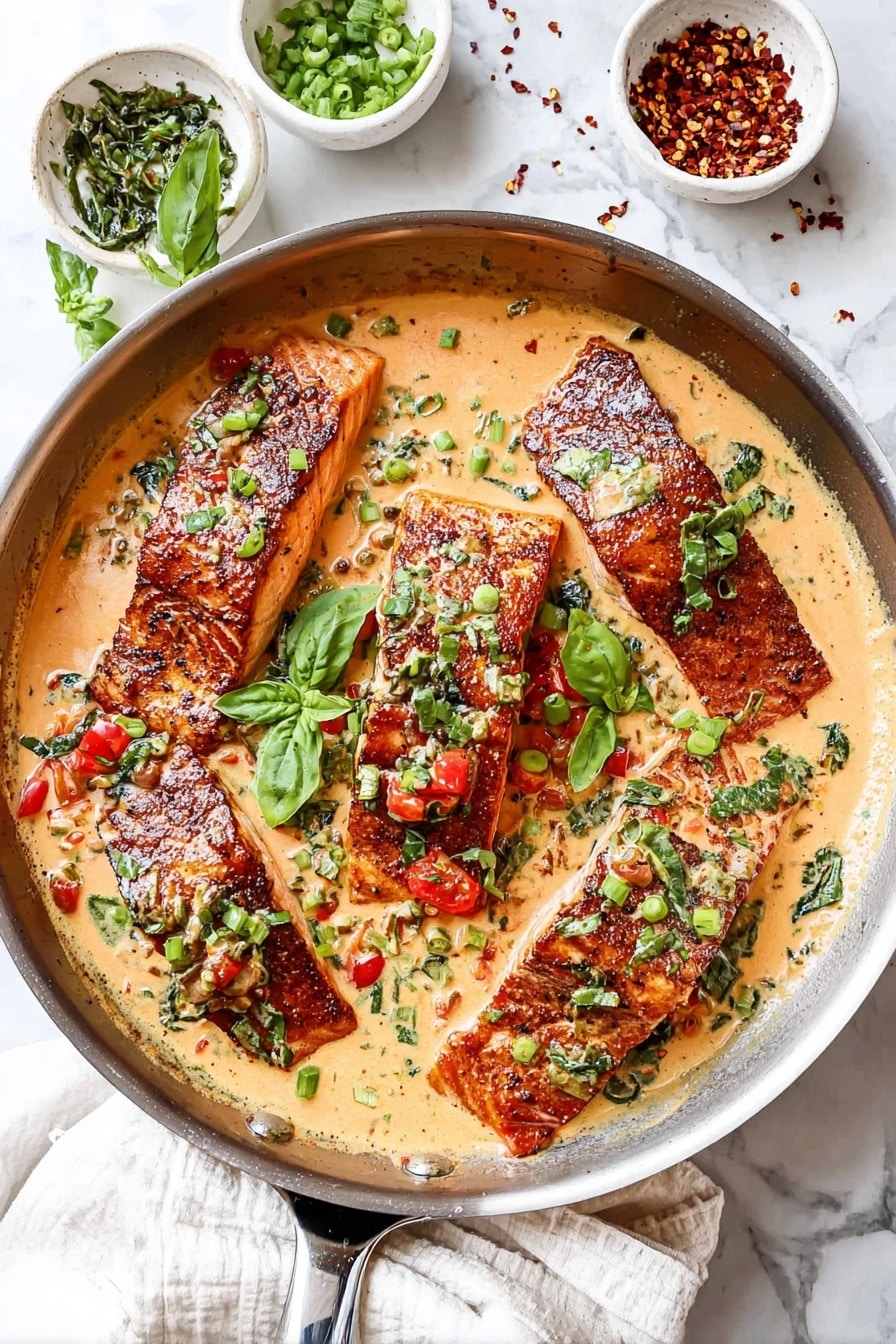 In a metal pan, there are four browned salmon fillets placed close together in a creamy sauce mixed with green spinach leaves, red cherry tomatoes, and small bits of mushrooms. The sauce is light beige with visible specks of black pepper. Fresh green basil leaves are scattered on top of the salmon pieces, adding bright green color and freshness. The pan sits on a white marbled surface, with part of a striped cloth visible underneath and a silver fork nearby. Photo taken with an iphone --ar 2:3 --v 7 - Creamy Tuscan Salmon, creamy salmon dinner, Tuscan salmon recipe, easy salmon recipes, rich seafood dishes