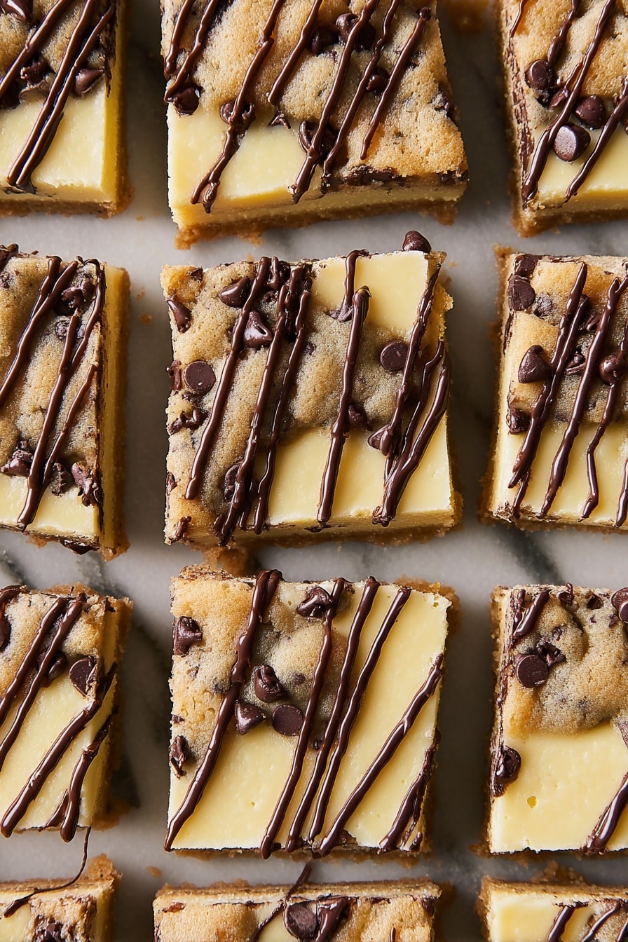 The image shows a grid of square dessert bars arranged closely together on a white marbled surface. Each bar has three clear layers: the bottom layer is a thin, firm crust in a light golden color; the middle layer is a smooth, creamy pale yellow filling that looks soft and even; the top layer is an uneven, thick chocolate chip cookie dough in a golden brown shade with visible chocolate chips, some slightly melted. Thin, diagonal lines of dark chocolate drizzle cross over each bar in varied patterns, adding a rich contrast to the lighter colors below. The bars are neatly cut with clean edges, showing the clear separation of layers. photo taken with an iphone --ar 2:3 --v 7 - Cookie Dough Cheesecake Bars, Cookie Dough Cheesecake Bars recipe, Easy Cookie Dough Cheesecake Bars, No-Bake Cookie Dough Cheesecake Bars, Delicious Cookie Dough Cheesecake Bars
