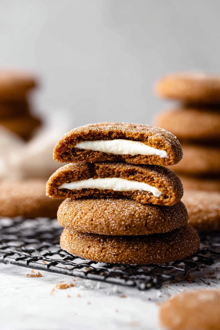 The image shows eight round ginger cookies with a cracked texture, arranged on a cooling rack over a white marbled surface. The cookies are a warm brown color with a slightly rough and sugar-coated surface. Two of the cookies are broken open, revealing a thick, creamy white filling sandwiched between two cookie layers. The filling is smooth and contrasts with the textured outside. The rest of the cookies are whole, neatly placed, and overlapping slightly. Photo taken with an iphone --ar 2:3 --v 7 - Cheesecake Gingerbread Cookies, gingerbread cookie recipe, creamy cheesecake cookies, holiday cookie ideas, festive gingerbread treats