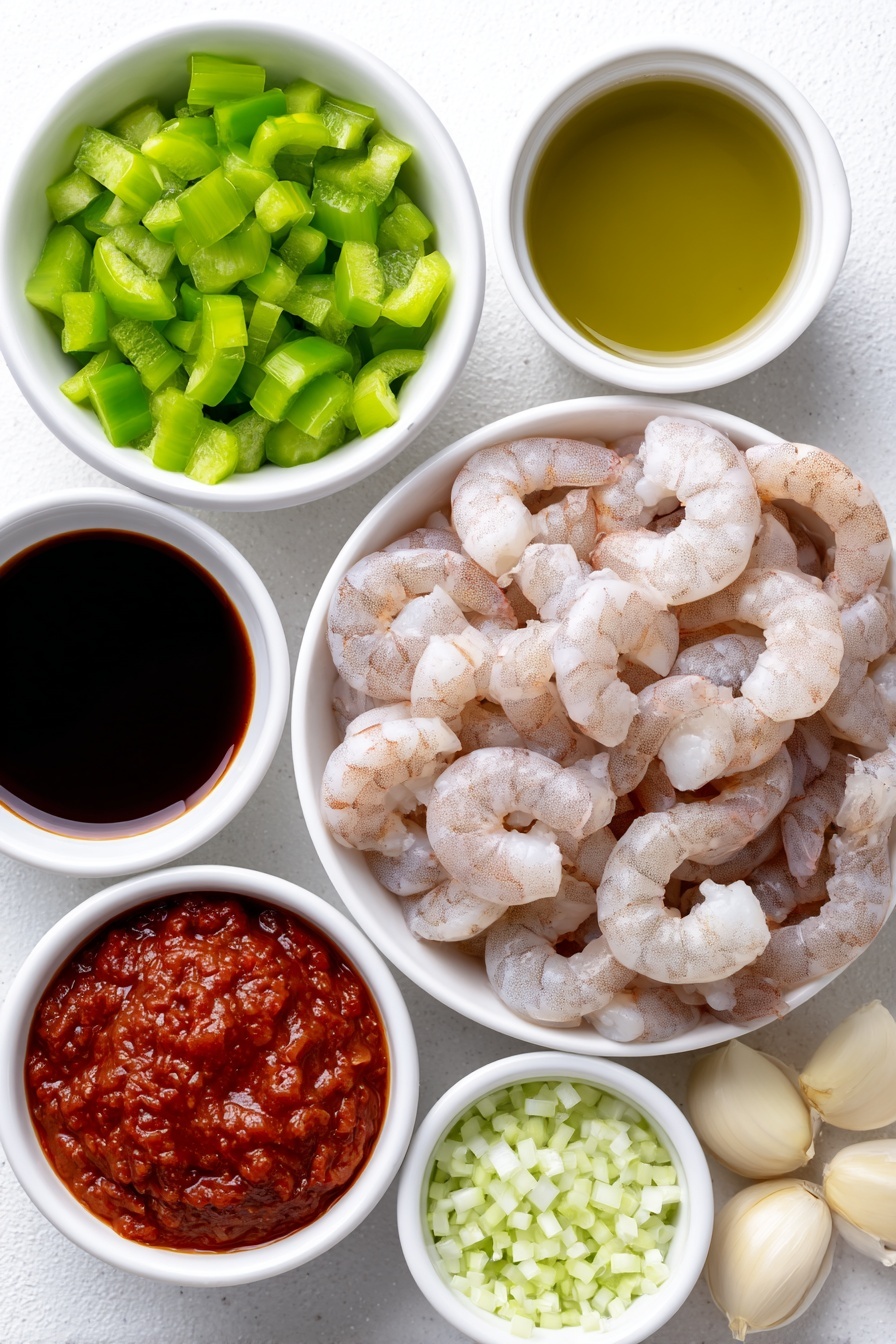 Flat lay of a small white ceramic bowl of olive oil, one diced green bell pepper, one small white ceramic bowl of diced onion, two celery stalks, three whole garlic cloves, one small white ceramic bowl of stewed tomatoes, one small white ceramic bowl of tomato sauce, one small white ceramic bowl of chicken broth, one small white ceramic bowl of chili powder, one small white ceramic bowl of Worcestershire sauce, one pound of large raw shrimp peeled and deveined, one small white ceramic bowl of cornstarch, one small white ceramic bowl of water placed on a clean white marble surface, soft natural light, photo taken with an iPhone, professional food photography style, fresh ingredients, white ceramic bowls, no bottles, no duplicates, no utensils, no packaging --ar 2:3 --v 7 --p m7354615311229779997 - Shrimp Creole, Shrimp Creole recipe, New Orleans Shrimp Creole, easy shrimp Creole, flavorful shrimp Creole dish