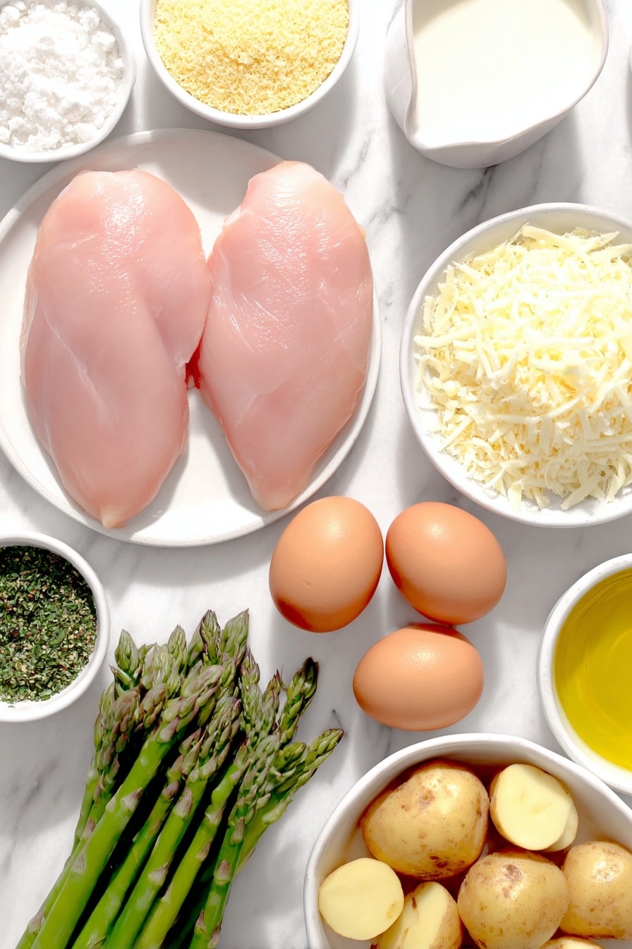 Flat lay of four raw chicken breasts with smooth pink skin, two whole uncracked brown eggs, a small white bowl of pale creamy milk, a small white bowl filled with golden panko breadcrumbs, a small white bowl of finely grated pale yellow parmesan cheese, a small white bowl holding mixed green and dried Italian seasoning, a small white bowl containing light beige garlic powder, a small pile of halved baby potatoes with light brown skin and creamy white flesh, a neat bunch of fresh green asparagus spears, and a small white bowl with glossy golden olive oil, all arranged in perfect symmetry on simple white ceramic plates and bowls, placed on a clean white marble surface, soft natural light, photo taken with an iPhone, professional food photography style, fresh ingredients, white ceramic bowls, no bottles, no duplicates, no utensils, no packaging --ar 2:3 --v 7 --p m7354615311229779997 - Crispy Parmesan Garlic Chicken sheet pan, baked chicken dinner, easy chicken sheet pan recipe, garlic parmesan chicken, weeknight chicken recipe