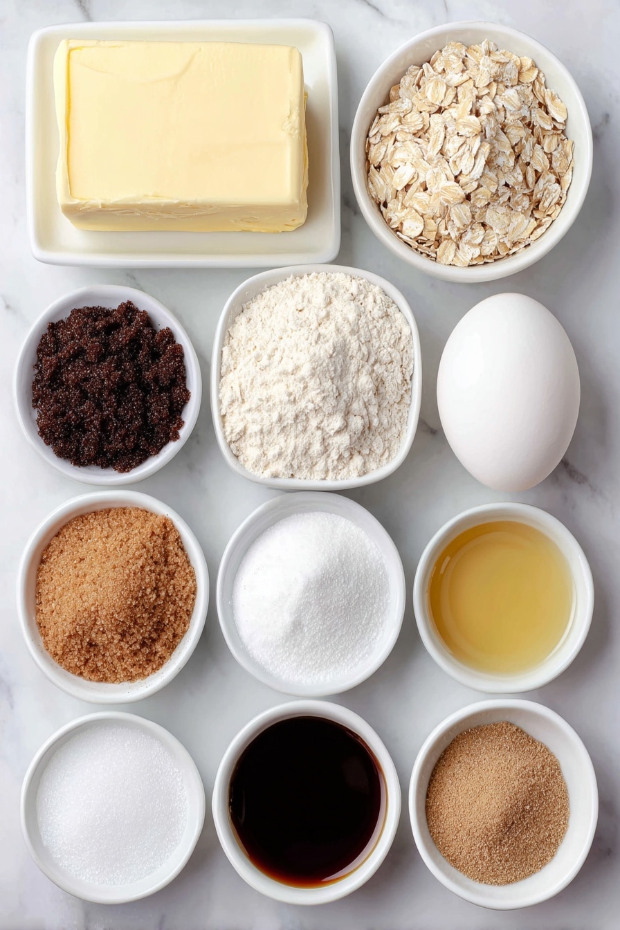 Flat lay of salted butter in a small square slab, a small white bowl of granulated sugar, a small white bowl of dark brown sugar, a small white bowl of deep amber molasses, one large whole egg with a clean shell, a small white bowl of vanilla extract, a small white bowl of all-purpose flour, a small white bowl of finely pulsed oats, a small white bowl of fine salt, a small white bowl of baking soda, a small white bowl containing a mix of ground ginger, cinnamon, cloves, and nutmeg spices arranged side by side, a small white bowl of powdered sugar, and a small white bowl of fresh lemon juice, all placed in perfect symmetry and balanced proportions on a clean white marble surface, soft natural light, photo taken with an iPhone, professional food photography style, fresh ingredients, white ceramic bowls, no bottles, no duplicates, no utensils, no packaging --ar 2:3 --v 7 --p m7354615311229779997 - Gingerbread Oatmeal Cookies, gingerbread cookies, oatmeal cookies, holiday cookies, spiced cookie recipe