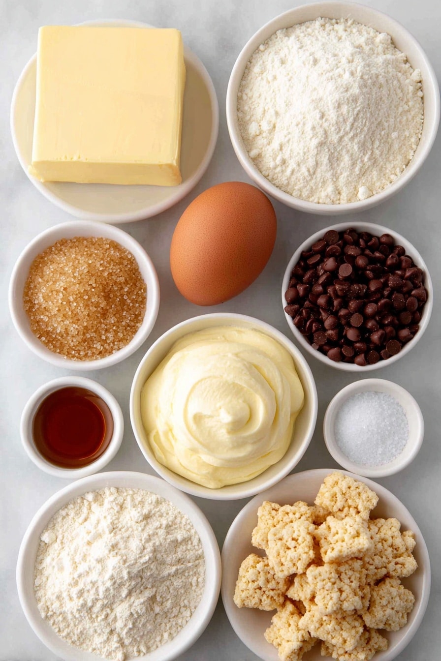 Flat lay of a small square of creamy butter, a dollop of smooth peanut butter, a small pile of light brown and golden brown sugar crystals, a few white granulated sugar grains in a small white bowl, one large uncracked brown egg, a small white bowl with amber vanilla extract, a small pile of fine white salt flakes, a pinch of baking powder powder in a small white bowl, a pinch of baking soda powder in a small white bowl, a small mound of all-purpose white flour, a handful of broken up light toasted Chex cereal pieces, a small white bowl filled with shiny milk chocolate chips, a small white bowl of creamy heavy whipping cream, a small white bowl with fine powdered sugar, a few clusters of muddy buddies cereal, and a few scattered flakes of coarse salt — all arranged with perfect symmetry and balanced proportions on simple white ceramic dishes and bowls, placed on a clean white marble surface, soft natural light, photo taken with an iPhone, professional food photography style, fresh ingredients, white ceramic bowls, no bottles, no duplicates, no utensils, no packaging --ar 2:3 --v 7 --p m7354615311229779997 - Peanut Butter Puppy Chow Cookies, peanut butter cookies with cereal crunch, chocolate peanut butter cookie recipe, easy peanut butter cookies, homemade puppy chow cookies