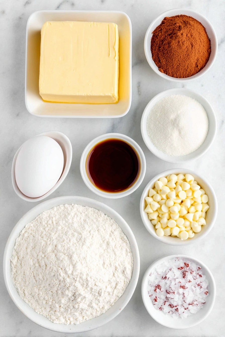 Flat lay of a small square of pale yellow butter, two heaping mounds of granulated white sugar and brown sugar, one large whole brown egg with clean shell, a small white bowl of vanilla extract, a small white bowl of soft off-white all-purpose flour, another small white bowl of fine white baking soda powder, a tiny white bowl of fine sea salt, a small white bowl filled with smooth white chocolate chips, a small white bowl of crushed red-and-white peppermint candies, a small white bowl of broken golden pretzel pieces with white chocolate coating, and a small white bowl with coarse flaked sea salt crystals, all arranged symmetrically on a clean white marble surface, soft natural light, photo taken with an iPhone, professional food photography style, fresh ingredients, white ceramic bowls, no bottles, no duplicates, no utensils, no packaging --ar 2:3 --v 7 --p m7354615311229779997 - White Chocolate Peppermint Cookie, festive holiday cookies, peppermint chocolate cookies, easy holiday baking, Christmas cookie recipes