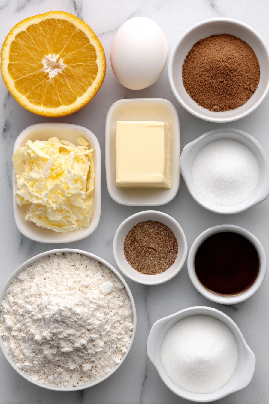 Flat lay of a small mound of granulated sugar mixed with fresh orange zest beside a bright whole orange with a section cut away showing juicy flesh, a stick of pale yellow butter at room temperature, a small pool of melted coconut oil in a white ceramic bowl, a small white bowl of powdered sugar, one large whole egg with a clean shell, a small white bowl containing a mix of ground cinnamon and ground cloves, a small white bowl of all-purpose flour, a small white bowl holding a fine white powder representing cream of tartar, a small white bowl with baking soda, a small white bowl with salt, a small white bowl holding sour cream, and a small white bowl of fresh orange juice — all ingredients arranged symmetrically on a clean white marble surface, soft natural light, photo taken with an iPhone, professional food photography style, fresh ingredients, white ceramic bowls, no bottles, no duplicates, no utensils, no packaging --ar 2:3 --v 7 --p m7354615311229779997 - Spiced Orange Sugar Cookies, orange spice cookies, citrus sugar cookies, easy orange cookies, festive holiday cookies