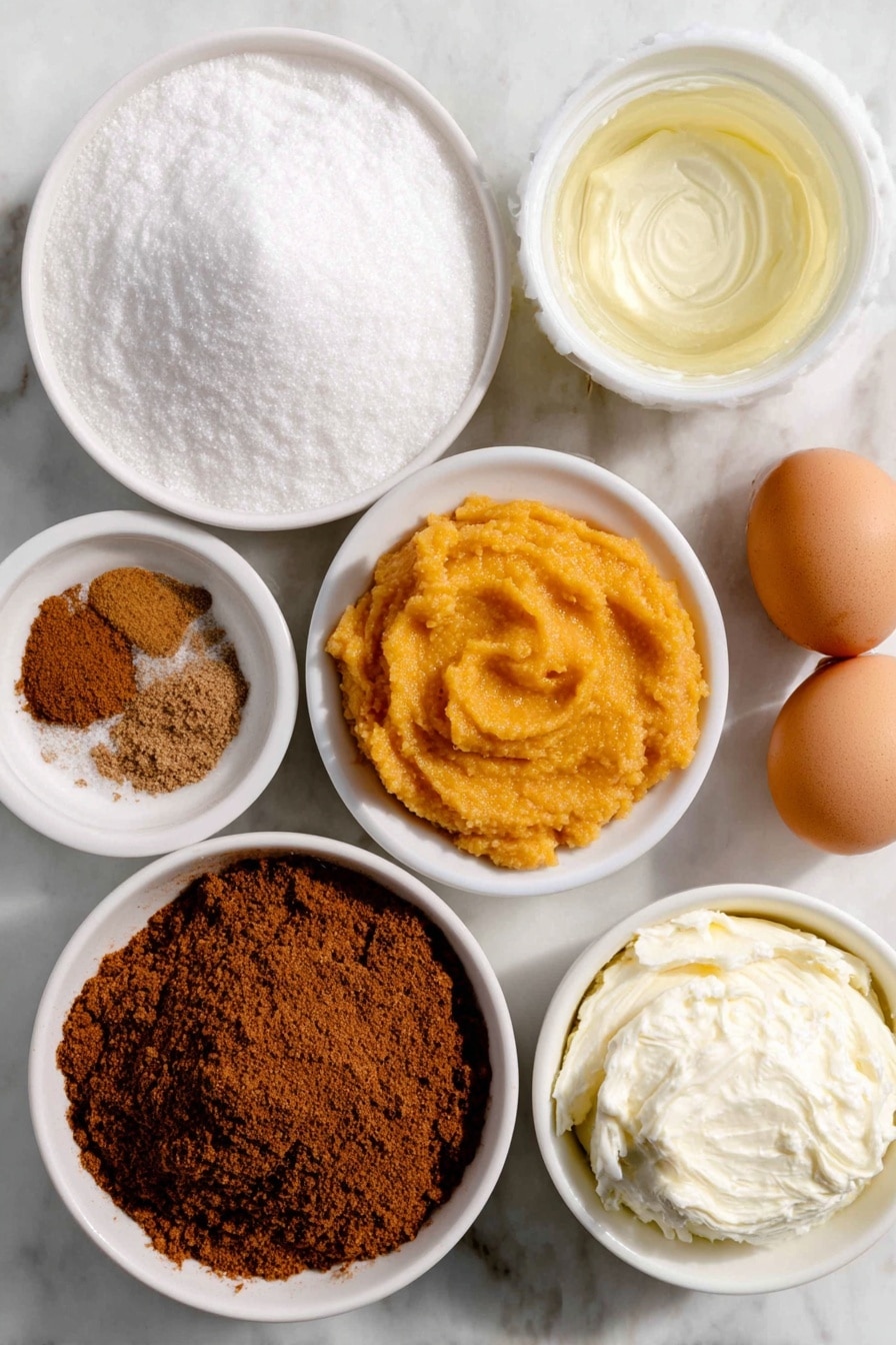 Flat lay of a small white ceramic bowl of granulated sugar, a small white ceramic bowl with a warm-toned cinnamon, a small white ceramic bowl with bright ginger powder, a small white ceramic bowl with finely ground nutmeg, a small white ceramic bowl filled with smooth orange pumpkin puree, a small white ceramic bowl of clear vanilla extract, two sheets of pale golden thawed puff pastry stacked neatly, a small white ceramic bowl with soft cream cheese, a small white ceramic bowl holding melted golden butter, and two whole brown eggs with clean shells, placed on a clean white marble surface, soft natural light, photo taken with an iPhone, professional food photography style, fresh ingredients, white ceramic bowls, no bottles, no duplicates, no utensils, no packaging --ar 2:3 --v 7 --p m7354615311229779997 - Pumpkin Spice Danish Twists, pumpkin spice pastry, fall Danish pastries, easy pumpkin spice dessert, holiday baking recipes