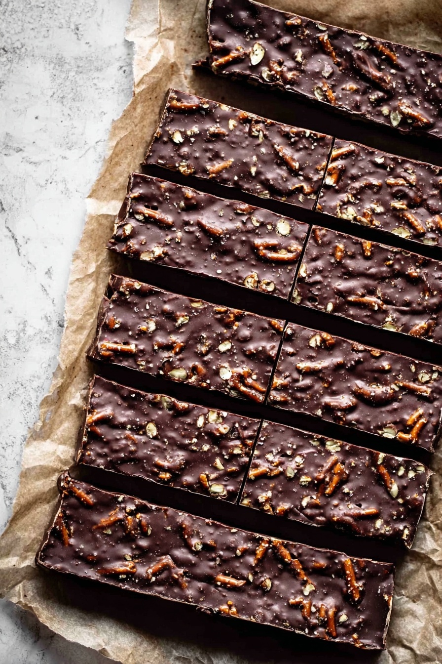 The image shows a close-up of five rectangular chocolate bars placed side by side on a sheet of parchment paper over a white marbled surface. Each bar has one thick layer of dark chocolate mixed with many small pieces of nuts and pretzel sticks, creating a bumpy and rough texture. The bars are evenly cut with straight lines between them, making the individual pieces easy to see. The chocolate's surface has a matte finish with some small cracks and highlights from light reflection, showing the rough texture of the mixed-in ingredients, photo taken with an iphone --ar 2:3 --v 7 - Crockpot Chocolate Bars with Pretzels and Peanut Butter, easy crockpot desserts, no-bake chocolate treat, salty sweet snack, peanut butter chocolate bars