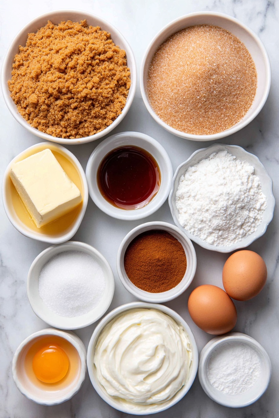 Flat lay of graham cracker crumbs in a small white ceramic bowl, packed light brown sugar in another small white bowl, a few sticks of unsalted butter melted in a small white bowl, a heap of cream cheese block, sour cream in a small white bowl, a small white bowl with glossy unsulfured molasses, two whole large eggs with clean shells, ground cinnamon, ground ginger, and ground nutmeg each in separate small white bowls as fine powders, heavy cream in a small white bowl, light powdered sugar in a small white bowl, and a small white bowl with clear pure vanilla extract, all arranged symmetrically and balanced on a clean white marble surface, soft natural light, photo taken with an iPhone, professional food photography style, fresh ingredients, white ceramic bowls, no bottles, no duplicates, no utensils, no packaging --ar 2:3 --v 7 --p m7354615311229779997 - Gingerbread Cheesecake Bites, festive cheesecake recipes, holiday dessert ideas, gingerbread treats, mini cheesecake bites