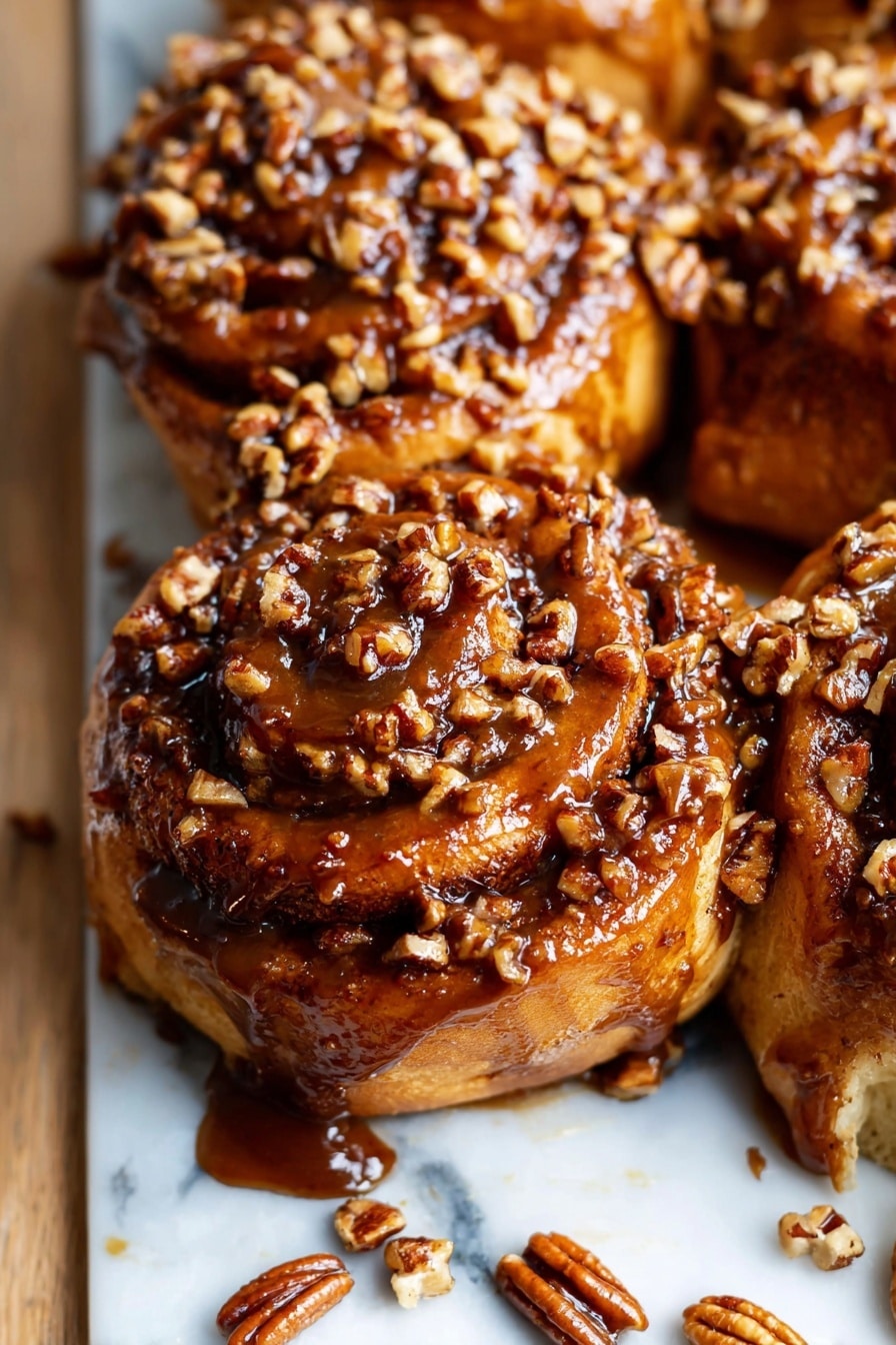 A single serving of sticky pecan sticky bun is shown on a white plate with a scalloped design. The sticky bun has one main layer of soft, golden-brown dough topped heavily with a thick dark brown sticky glaze that is shiny and syrupy. It is studded with many small, chopped pecan pieces that add a rough texture on top. The bun has a swirl pattern visible through the glaze, showing the cinnamon-spiced dough inside. A silver fork is partially inserted into the sticky bun from the bottom left. The plate rests on a white marbled surface. Photo taken with an iphone --ar 2:3 --v 7 - Maple Pecan Sticky Buns, maple pecan sticky buns recipe, gooey cinnamon buns with pecans, homemade sticky bun recipe, breakfast sweet rolls with maple