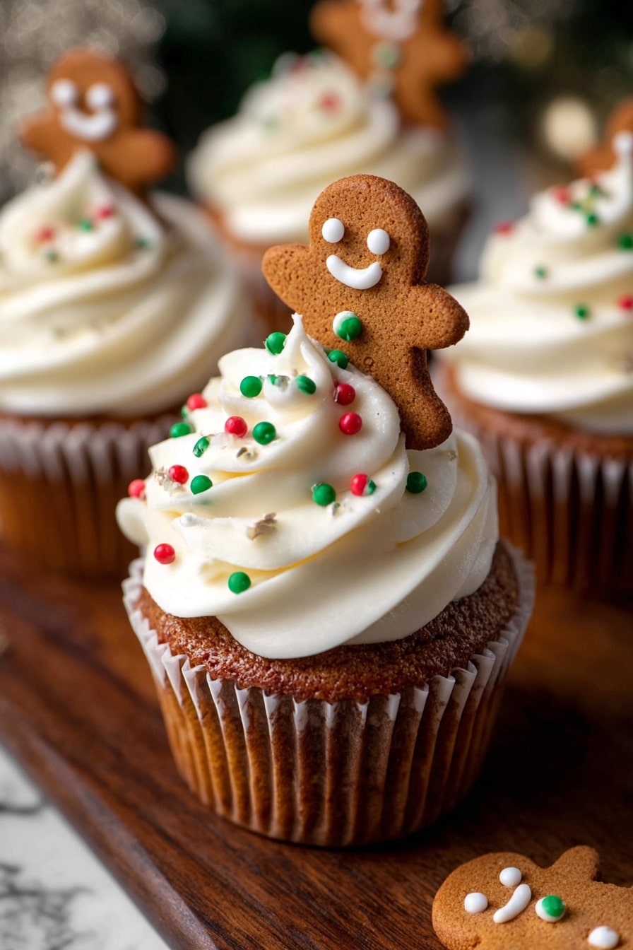A close-up of a cupcake with three layers: the bottom is a golden brown cake with a soft and crumbly texture, the middle layer is thick white swirled frosting topped with small green, red, and yellow round sprinkles, and the top layer is a gingerbread man cookie with white icing eyes, smile, and buttons leaning slightly to the right. The cupcake wrapper is white and partially peeled down to show the cake inside. In the blurry background are more cupcakes with the same layers and decorations, set on a white marbled surface with some silver and green Christmas ornaments scattered around. photo taken with an iphone --ar 2:3 --v 7 - Gingerbread Cupcakes with Cream Cheese Frosting, spiced Christmas cupcakes, holiday gingerbread treats, easy gingerbread cupcake recipe, festive dessert recipes