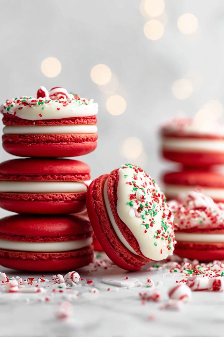 The image shows several red macarons with two bright red cookie layers sandwiching a thick white cream layer in the middle. The top cookie layer of each macaron is coated with a smooth white glaze, decorated with small pieces of crushed red, white, and green candy sprinkled on top. A few macarons are stacked, while others lean on their side, scattered on a surface covered in small candy crumbs. The background is a soft, blurred white with subtle circular light patterns, and the surface is textured with white marble. photo taken with an iphone --ar 2:3 --v 7 - Peppermint Macarons with White Chocolate Topping, Festive Macaron Recipes, Holiday Dessert Ideas, Mint Chocolate Macarons, Easy Macaron Recipes