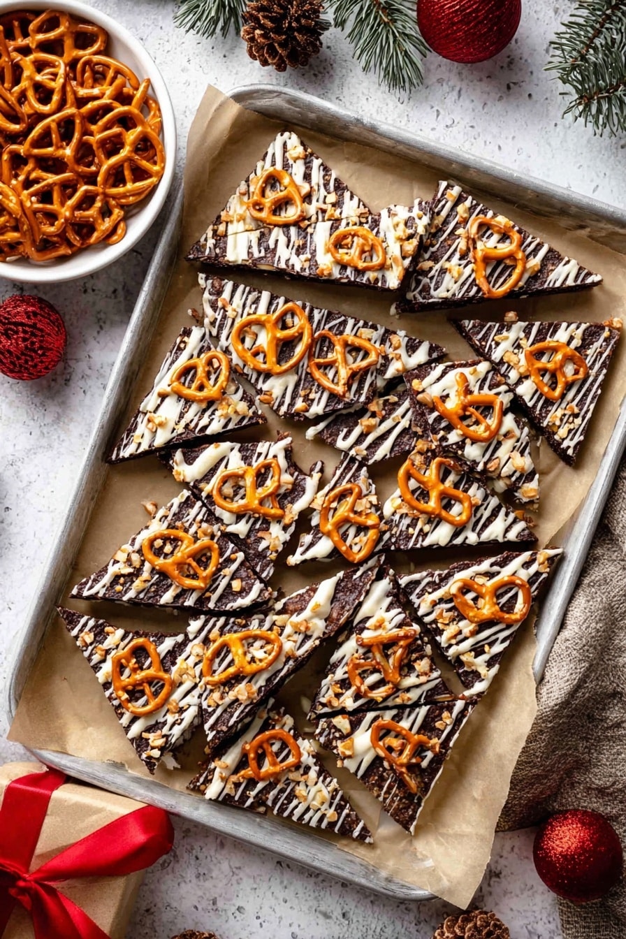 A silver tray lined with light brown parchment paper holds many dark brown triangular dessert pieces. Each piece has swirls of white creamy icing and is topped with an orange pretzel and small light brown nut pieces. To the left, a white bowl filled with orange pretzels is partially visible. The tray is placed on a white marbled surface with scattered pine leaves, a red Christmas ball, and a piece of dessert wrapped with a red ribbon nearby. photo taken with an iphone --ar 2:3 --v 7 - Christmas Saltine Toffee Candy, holiday saltine cracker candy, easy holiday treats, buttery salty sweet candy, festive Christmas desserts