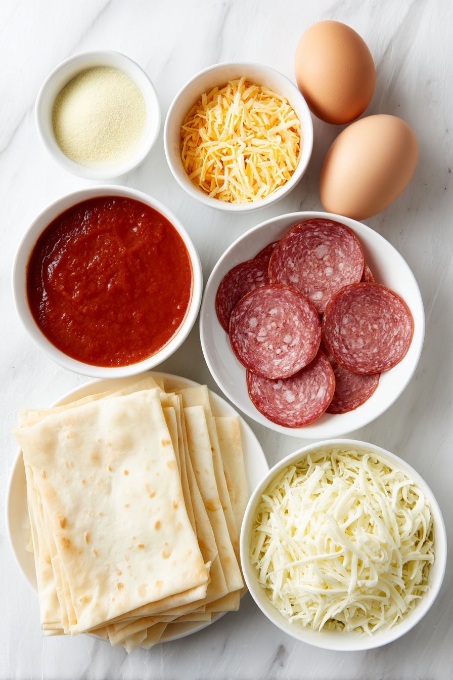 Flat lay of a small white ceramic bowl filled with bright red pizza sauce, a small white ceramic bowl containing pale yellow garlic powder, a small white ceramic bowl with mixed green and brown Italian seasoning, a small white ceramic bowl holding fine white salt, a small white ceramic bowl with coarse black ground pepper, a small white ceramic bowl piled with grated orange cheddar cheese, a small white ceramic bowl heaped with shredded white mozzarella cheese, a small white ceramic bowl containing finely grated pale yellow parmesan cheese, a simple white ceramic plate arranged with thinly sliced bright red mini pepperoni, a neat stack of square, pale yellow wonton wrappers, and two whole uncracked brown eggs placed symmetrically — all placed on a clean white marble surface, soft natural light, photo taken with an iPhone, professional food photography style, fresh ingredients, white ceramic bowls, no bottles, no duplicates, no utensils, no packaging --ar 2:3 --v 7 --p m7354615311229779997 - Air Fryer Pizza Rolls, pizza rolls recipe, crispy pizza snack, cheesy air fryer snacks, party appetizer ideas