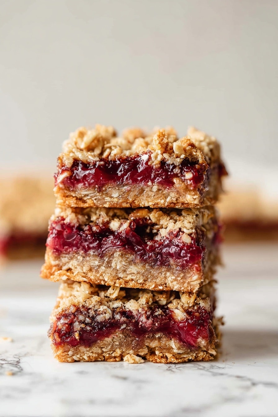 The image shows a close-up of a layered oat bar with three clear layers. The bottom layer is dense and light brown, made from cooked oats pressed tightly together. The middle layer is a dark red jam, smooth and shiny, sitting evenly above the oat base. The top layer is a crumbly oat mixture with whole oats and small nut pieces, golden brown in color with a slightly toasted texture. The bar is placed on a white marbled surface, and more oat bars are blurred in the background. Photo taken with an iphone --ar 2:3 --v 7 - Cranberry Oat Bars with Pecan Topping, cranberry oat dessert, easy holiday bar recipe, tart cranberry bars, pecan oat crumble bars