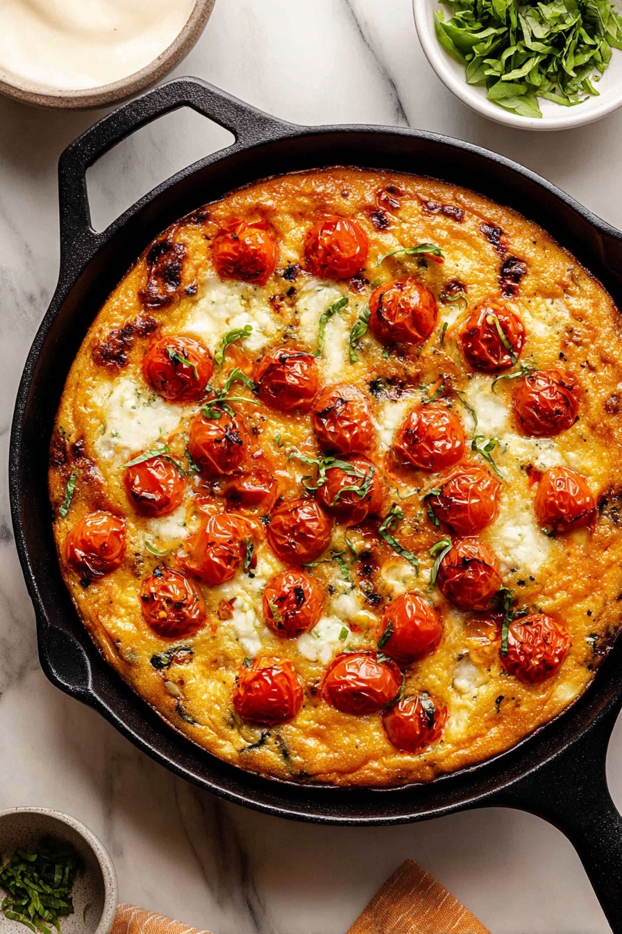 A white plate with a light gray speckled center holds a golden-brown slice of baked frittata with layers of melted cheese on top and small pieces of green herbs scattered across it. The frittata slice rests slightly angled with a fresh green basil leaf placed in the middle. Next to it, there are two clusters of roasted cherry tomatoes, bright red with a shiny, wrinkled texture and some herbs on top. On the left edge of the plate, there is a small white container with a dark sauce inside, and on the right side, a gold knife and fork rest on the plate edge. The plate is placed on a white marbled surface. Photo taken with an iphone --ar 2:3 --v 7 - Caprese Frittata with Tomatoes and Mozzarella, easy Caprese breakfast, tomato and mozzarella frittata, quick breakfast recipes, Italian frittata ideas