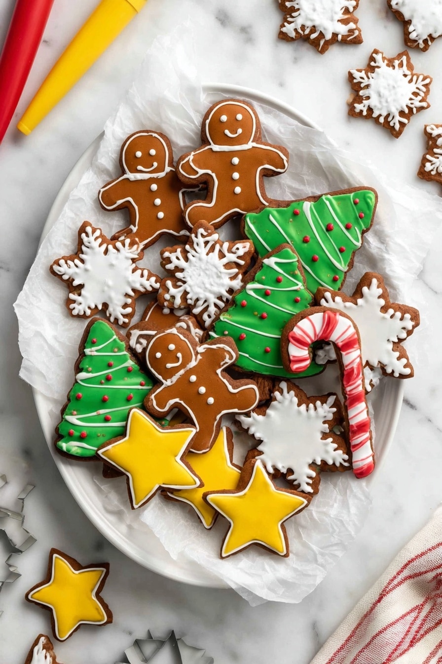The image shows a collection of colorful Christmas cookies placed on a white marbled surface. There are gingerbread men cookies with brown icing and simple white icing details for eyes, mouth, and buttons. Green Christmas tree-shaped cookies have a brown base with green icing, white diagonal lines, and small red dots as decorations. Candy cane-shaped cookies are decorated with alternating red and white stripes. Star-shaped cookies are covered with smooth yellow icing. Snowflake-shaped cookies have intricate white icing patterns on a frosted white base. Some small dark brown star cookies are also scattered around. The cookies have a soft matte texture and are arranged randomly close together. photo taken with an iphone --ar 2:3 --v 7 - Chocolate Sugar Cookies, chocolate sugar cookies recipe, soft chocolate cookies, homemade chocolate cookies, easy sugar cookie recipe