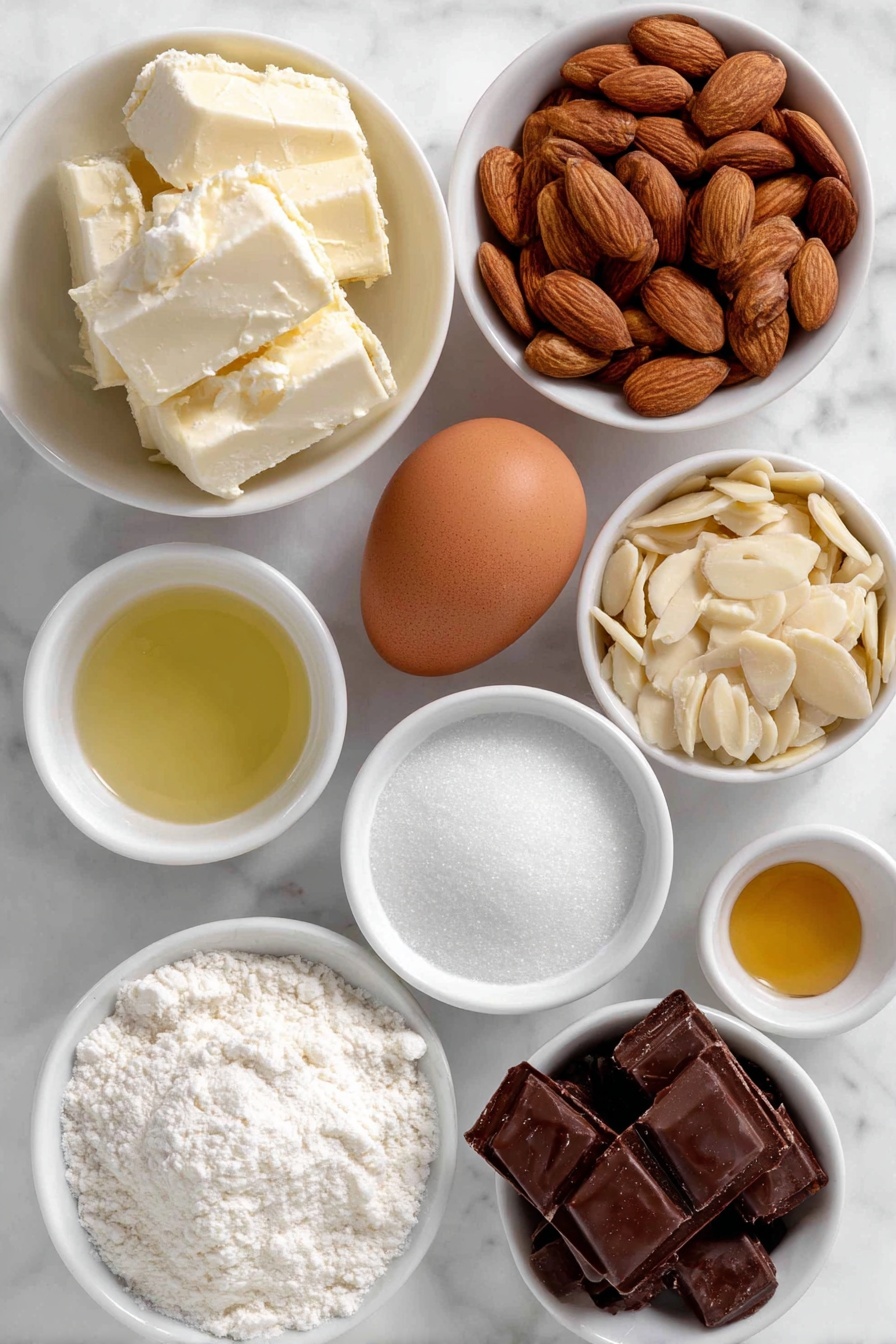 Flat lay of a small stack of pale beige almond paste slices, a mound of fine almond meal, a small heap of white confectioners' sugar, two whole uncracked brown eggs, a small white bowl of clear egg whites, a small white bowl holding vanilla and almond extract liquid, a shallow white bowl filled with pale slivered blanched almonds, a small white bowl with semi-sweet chocolate chunks, and a tiny white bowl containing glossy coconut oil droplets; all ingredients arranged in perfect symmetry on a clean white marble surface, soft natural light, photo taken with an iPhone, professional food photography style, fresh ingredients, white ceramic bowls, no bottles, no duplicates, no utensils, no packaging --ar 2:3 --v 7 --p m7354615311229779997 - Almond Horns Cookies with Chocolate Drizzle, almond cookies, chocolate drizzled cookies, nutty almond treats, elegant cookie recipes