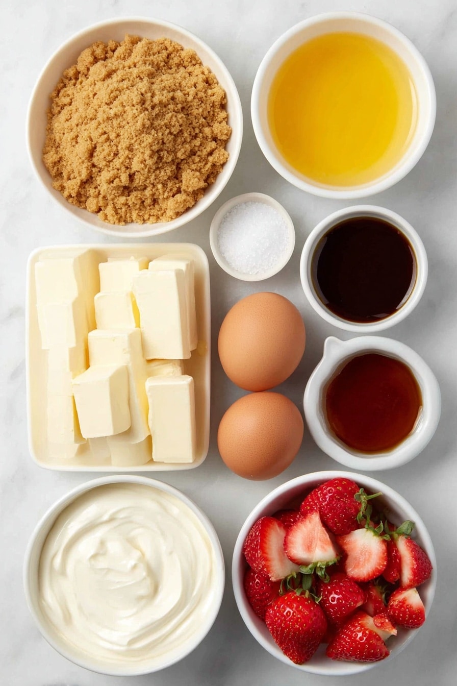 Flat lay of a small white ceramic bowl of golden graham cracker crumbs, a few white granulated sugar crystals scattered next to it, a small white ceramic bowl with melted golden butter, four whole large brown eggs with clean shells arranged neatly, four blocks of smooth cream cheese with a creamy white color, a small white ceramic bowl of thick sour cream, a small white ceramic bowl of heavy cream, a small white ceramic bowl filled with clear vanilla extract, a small white ceramic bowl containing bright orange freshly squeezed orange juice, a small white ceramic bowl of granulated sugar, and a small white ceramic bowl with hulled, thickly sliced fresh red strawberries, some whole fresh strawberries placed beside the bowl, all ingredients evenly spaced in perfect symmetry, placed on a clean white marble surface, soft natural light, photo taken with an iPhone, professional food photography style, fresh ingredients, white ceramic bowls, no bottles, no duplicates, no utensils, no packaging --ar 2:3 --v 7 --p m7354615311229779997 - Classic New York Cheesecake with Strawberry Sauce, New York cheesecake recipe, creamy strawberry cheesecake, authentic cheesecake with fruit topping, easy cheesecake dessert