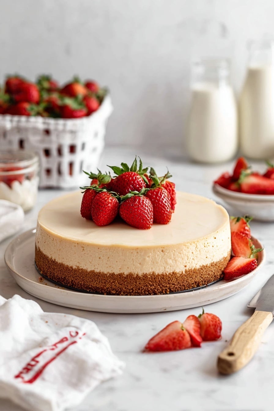 A close-up side view of a cheesecake slice rests on a silver spatula against a white marbled surface. The cheesecake has two layers: a thick, whipped, creamy off-white filling with a light and smooth texture, sitting on top of a medium-brown crumbly crust. On top of the cheesecake slice, there are two fresh strawberries, one whole and one sliced in half, showing its red exterior and white interior with green leaves attached. The background is bright and softly blurred with more strawberries in a white bowl. Photo taken with an iphone --ar 2:3 --v 7 - Classic New York Cheesecake with Strawberry Sauce, New York cheesecake recipe, creamy strawberry cheesecake, authentic cheesecake with fruit topping, easy cheesecake dessert