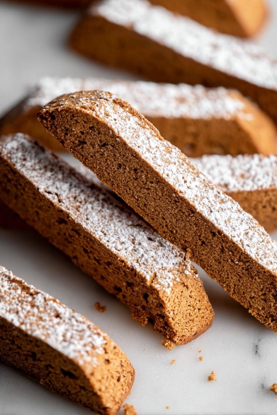 The image shows several brown, crunchy biscotti sticks with a rough, textured surface. They have a dusting of white powdered sugar along the top and some parts of the sides. The sticks are laid out loosely on a white marbled surface, overlapping slightly, with visible crumbly edges. The close-up view focuses on the center sticks, showing the grainy texture clearly with soft, natural lighting highlighting their shape and sugar dusting photo taken with an iphone --ar 2:3 --v 7 - Gingerbread Biscotti, holiday biscotti recipes, festive cookie ideas, gingerbread flavored cookies, crispy holiday treats