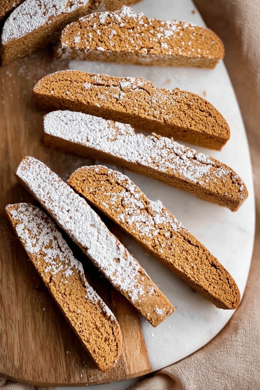 The image shows several long, thin slices of brown biscotti arranged on a round wooden board lined with a white marbled surface. The biscotti pieces are lightly dusted with white powdered sugar, giving a delicate contrast to their rough texture. Some pieces show a porous interior, revealing a firm yet crumbly texture. The wooden board sits on a soft, beige fabric that adds a cozy touch to the scene. photo taken with an iphone --ar 2:3 --v 7 - Gingerbread Biscotti, holiday biscotti recipes, festive cookie ideas, gingerbread flavored cookies, crispy holiday treats