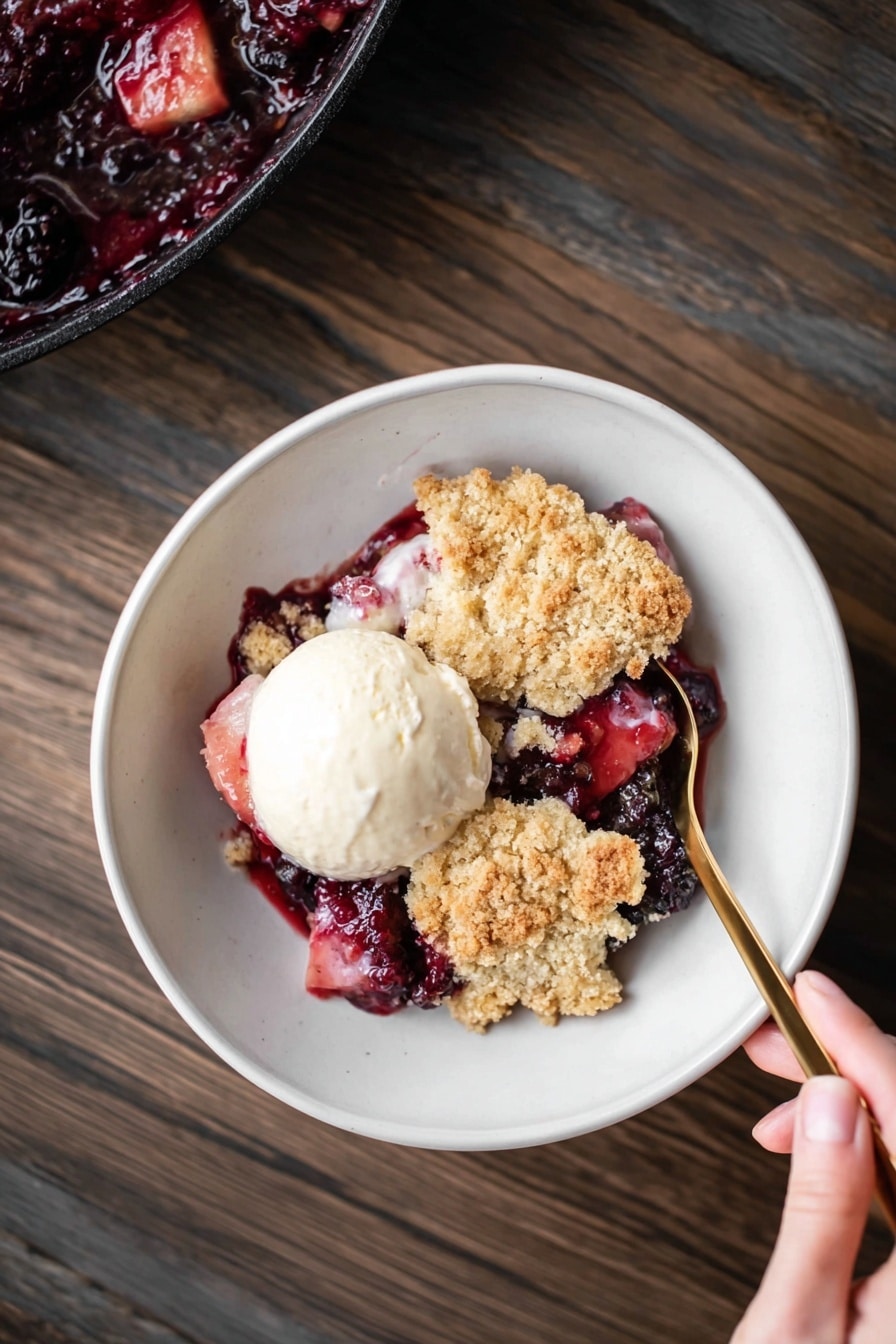 A black speckled skillet holds a rustic fruit cobbler with golden brown, round biscuit-like crust pieces forming the top layer, lightly textured and overlapping. Beneath the crust, a deep red fruit filling with whole berries and juice peeks out, especially where a portion has been scooped out on the right side using a gold spoon resting in the skillet. On top of the crust are three uneven scoops of creamy white vanilla ice cream, slightly melting at the edges, adding a smooth texture contrast. The entire scene is set against a white marbled surface. Photo taken with an iphone --ar 2:3 --v 7 - Cranberry Apple Cobbler with Biscuit Topping, cranberry apple dessert, easy fruit cobbler recipe, holiday fruit cobbler, cozy baked fruit dessert