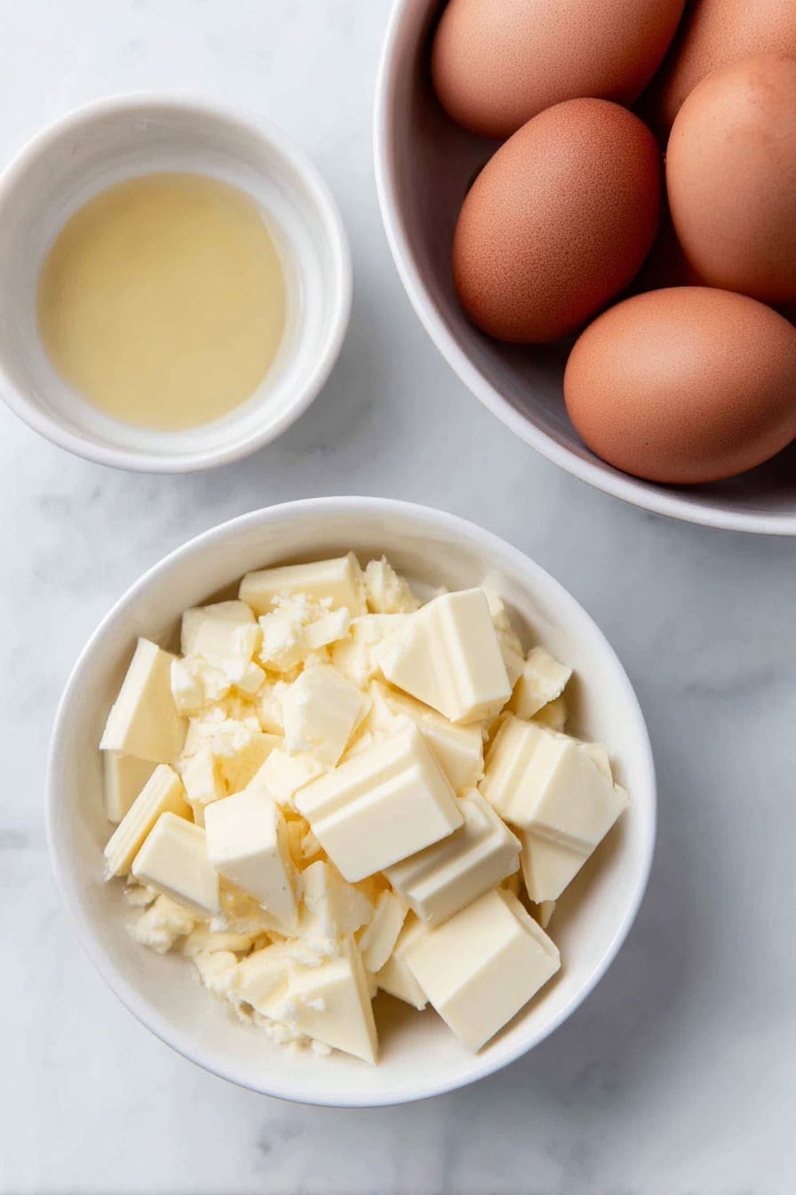 Flat lay of a small white ceramic bowl filled with smooth coarsely chopped white chocolate chunks, a larger white ceramic bowl holding fresh whole brown eggs with clean shells, and a small white ceramic bowl containing a pale golden vanilla extract liquid, placed on a clean white marble surface, soft natural light, photo taken with an iPhone, professional food photography style, fresh ingredients, white ceramic bowls, no bottles, no duplicates, no utensils, no packaging --ar 2:3 --v 7 --p m7354615311229779997 - White Hot Chocolate, white hot chocolate recipe, cozy winter drinks, creamy hot chocolate, homemade hot chocolate