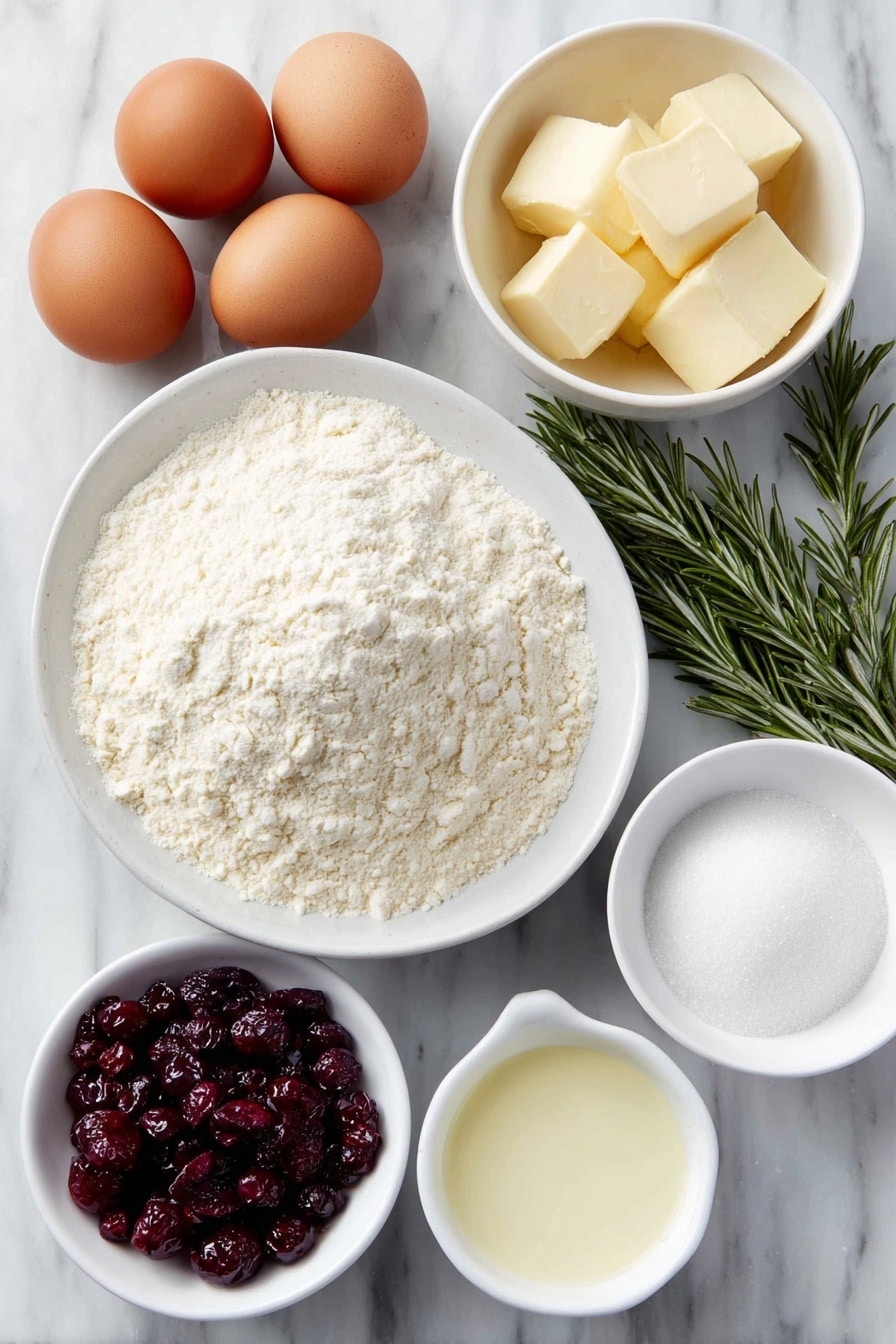 Flat lay of a small mound of all-purpose flour on a simple white ceramic plate, a few tablespoons of granulated sugar in a small white bowl, a small white bowl with light golden melted butter, a small white bowl of warm milk, a few uncracked brown eggs with smooth shells, a small white bowl of fine salt, a small white bowl of Italian seasoning herbs, a handful of fresh rosemary sprigs, and a scattering of fresh red cranberries arranged neatly on a simple white ceramic plate, placed on a clean white marble surface, soft natural light, photo taken with an iPhone, professional food photography style, fresh ingredients, white ceramic bowls, no bottles, no duplicates, no utensils, no packaging --ar 2:3 --v 7 --p m7354615311229779997 - Mini Herb and Fruit Dinner Roll Wreath, herb and fruit dinner rolls, holiday dinner rolls, festive bread wreath, savory fruit bread ring